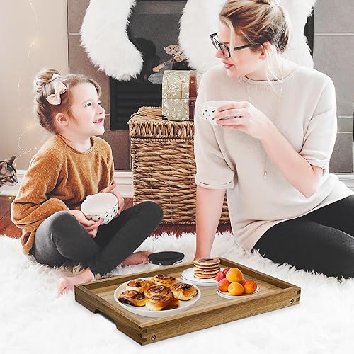 Miniatura 5 de VaeFae Bandeja de mesa de cama de acacia, bandeja de desayuno de madera con patas plegables, bandeja de cama para comer y computadora portátil