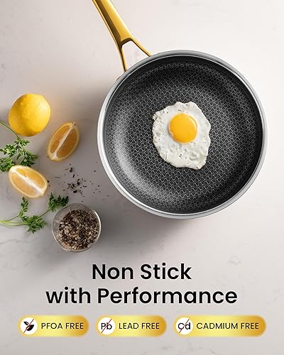 Miniatura 4 de Juego de ollas y sartenes doradas, acero inoxidable martillado híbrido, 10 piezas antiadherentes con sartén, no tóxico, apto para horno y compatible