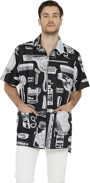 PERFEHAIR Barber Jacket for Men, Hair Stylist Grooming Smock Vest Shirt, Vintage Print