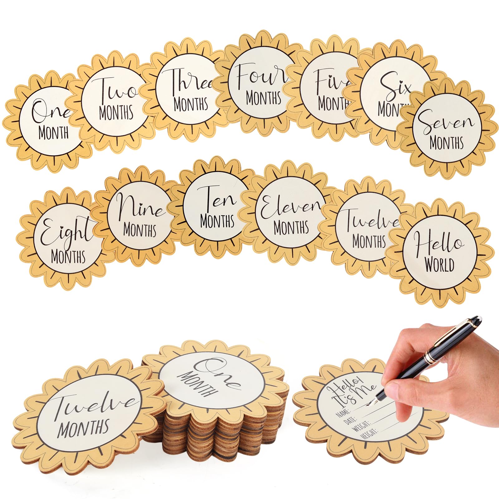 Baby Monthly Milestone Signs - 13 Pack Wooden Baby Milestone Cards for 1-12 Months, Newborn Photography Props with Hello World Discs, Gender Neutral Baby Announcement for Boy Girl Age Shower Gifts