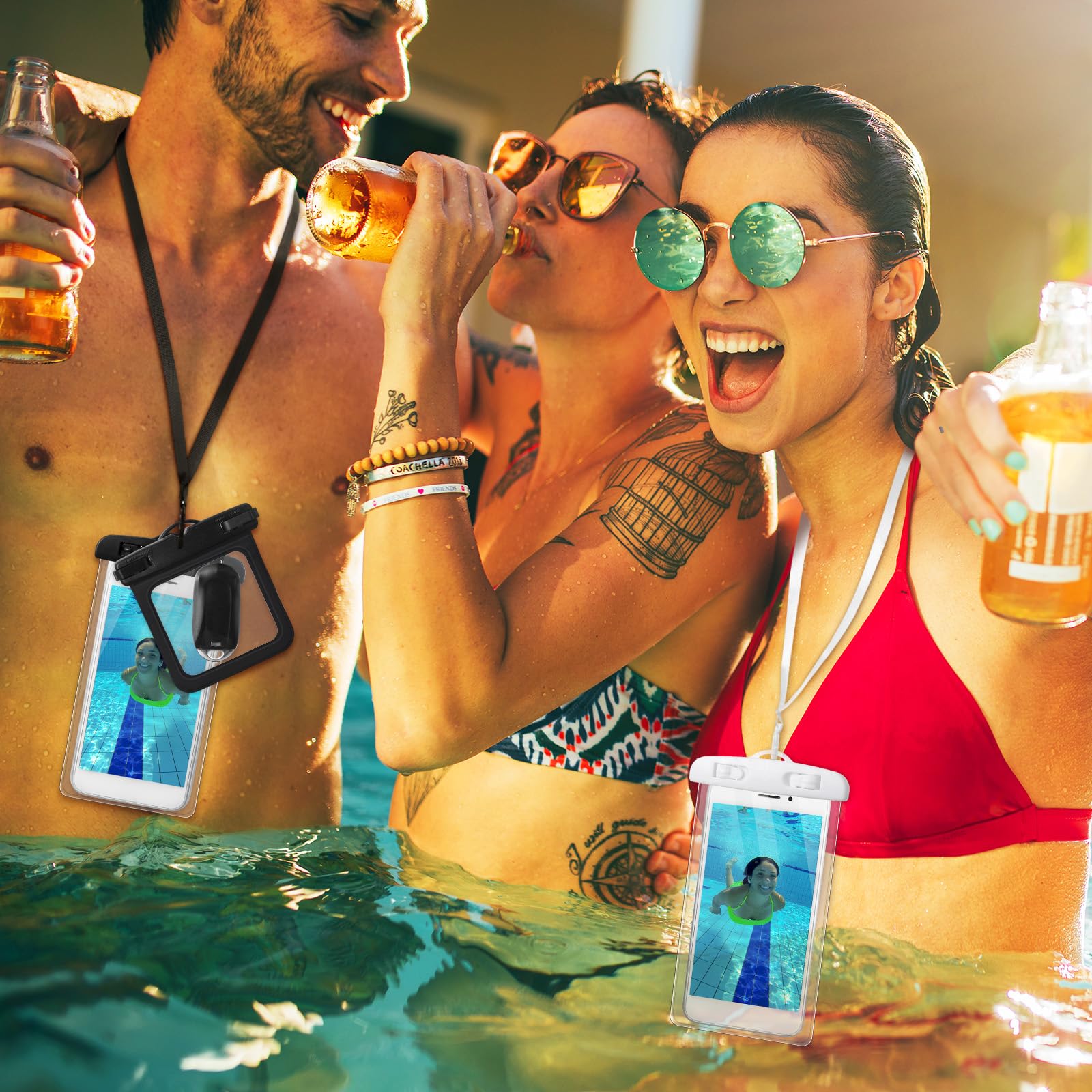 Relaxweex Paquete de 2 fundas impermeables para teléfono y 2 fundas para llaves de identificación en efectivo, funda para teléfono celular, bolsa seca con cordón, brazalete, bolsas secas para