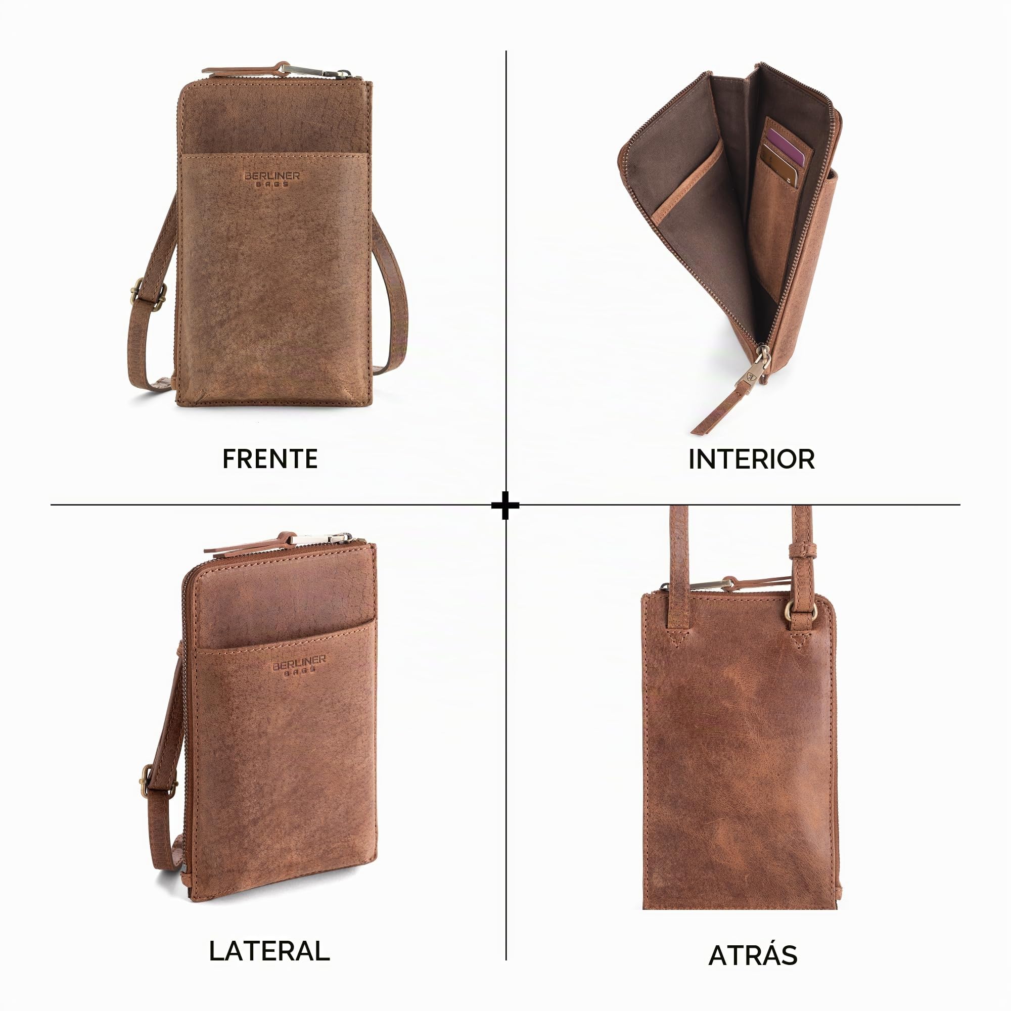 Berliner Bags Kim Bolso Bandolera de Piel Auténtica con Compartimento para Móvil y Tarjetas para Mujer y Hombre, Pequeño, Elegante y Práctico