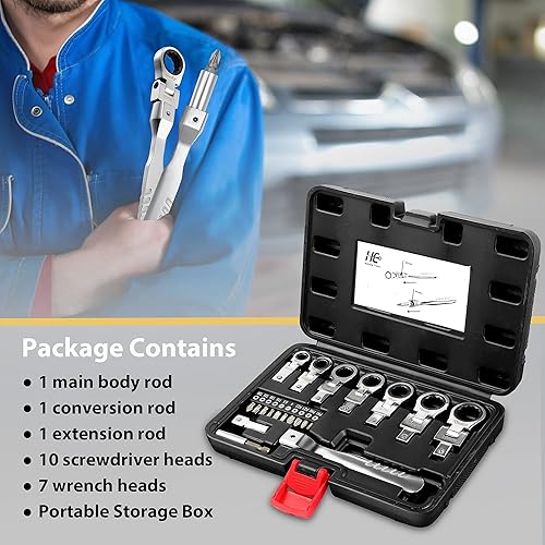 Miniatura 7 de Juego de llaves de trinquete de cabeza flexible juego de llaves combinadas de trinquete métricas 20 piezas juego de llaves de trinquete con cabeza