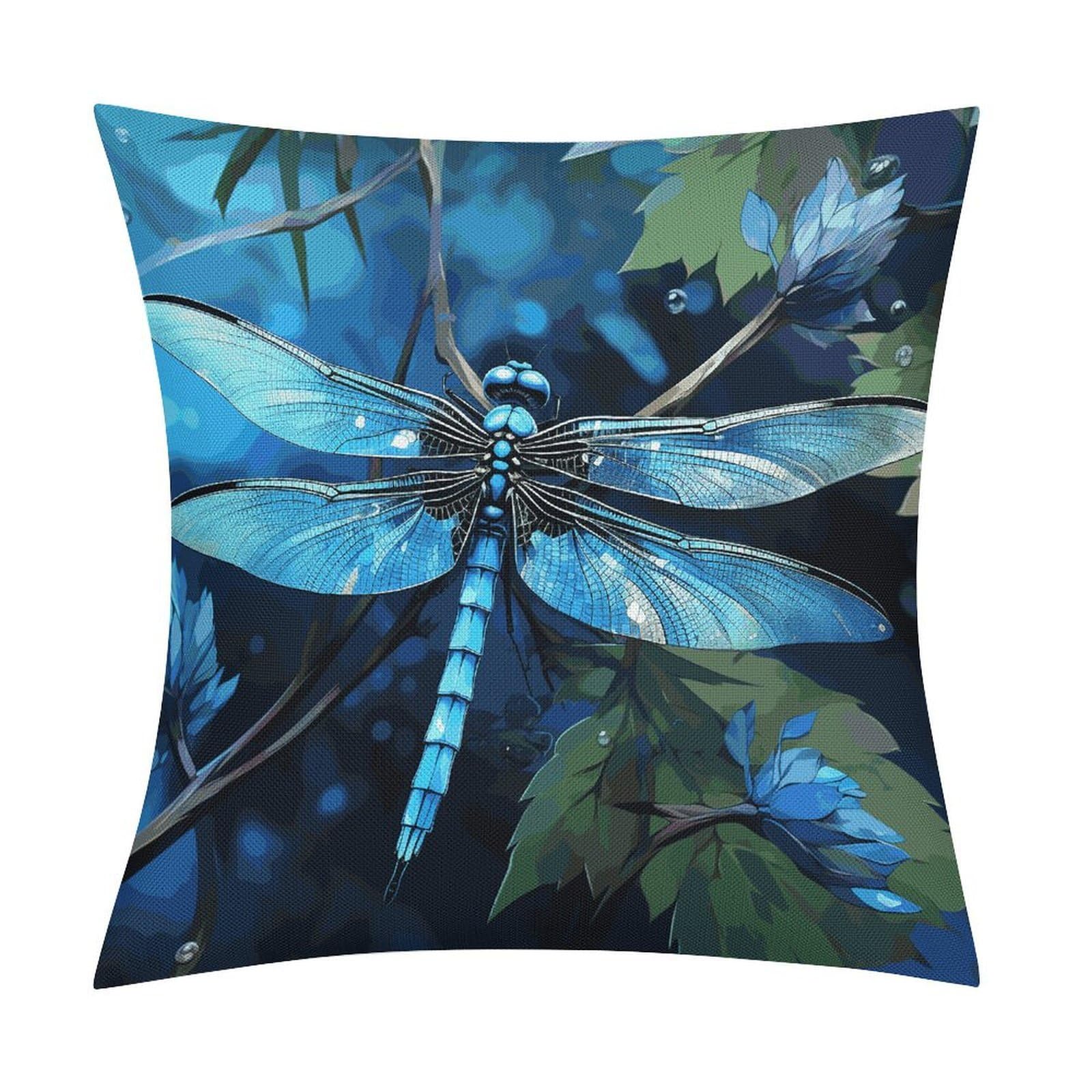 JTREHY Art Blue Dragonfly Throw Pillow Covers Farmhouse Pillow Cover Standard Pillow Shams Decorative Square Pillowcases Soft Pillow Cases Wrinkle Fade Resistant for Couch Home 18x18 Inch