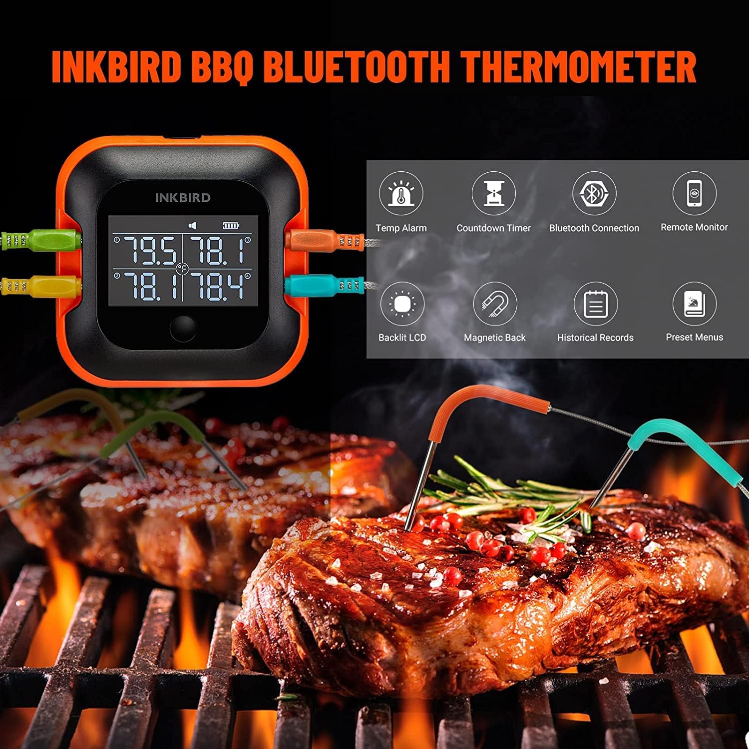 INKBIRD Ersatz-Grillthermometer, farbige Sonden, 4er-Pack, Set für Inkbird-Thermometer, 119,9 cm, Edelstahl-Sonden, nur kompatibel mit IBBQ-4BW, IBT-24S und IBT-26S