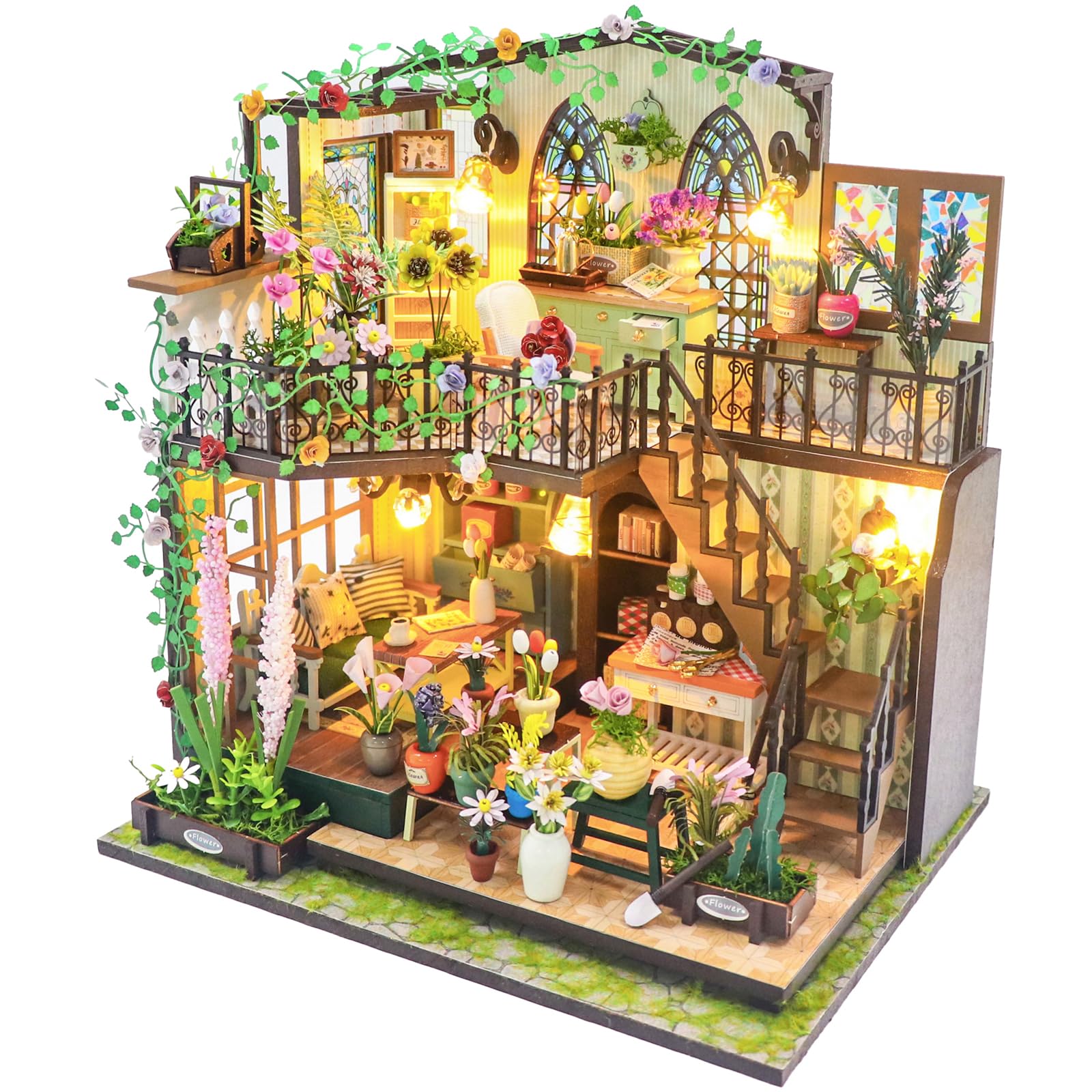 DIY Miniature Dollhouse Kit, 1:24 Scale 3D Garden Villa Doll House Making Kit with LED Light Furniture Decorative Mini Crafts Dollhouse Exquisite Mini House Making Kit for Adults Teen Flower Lovers