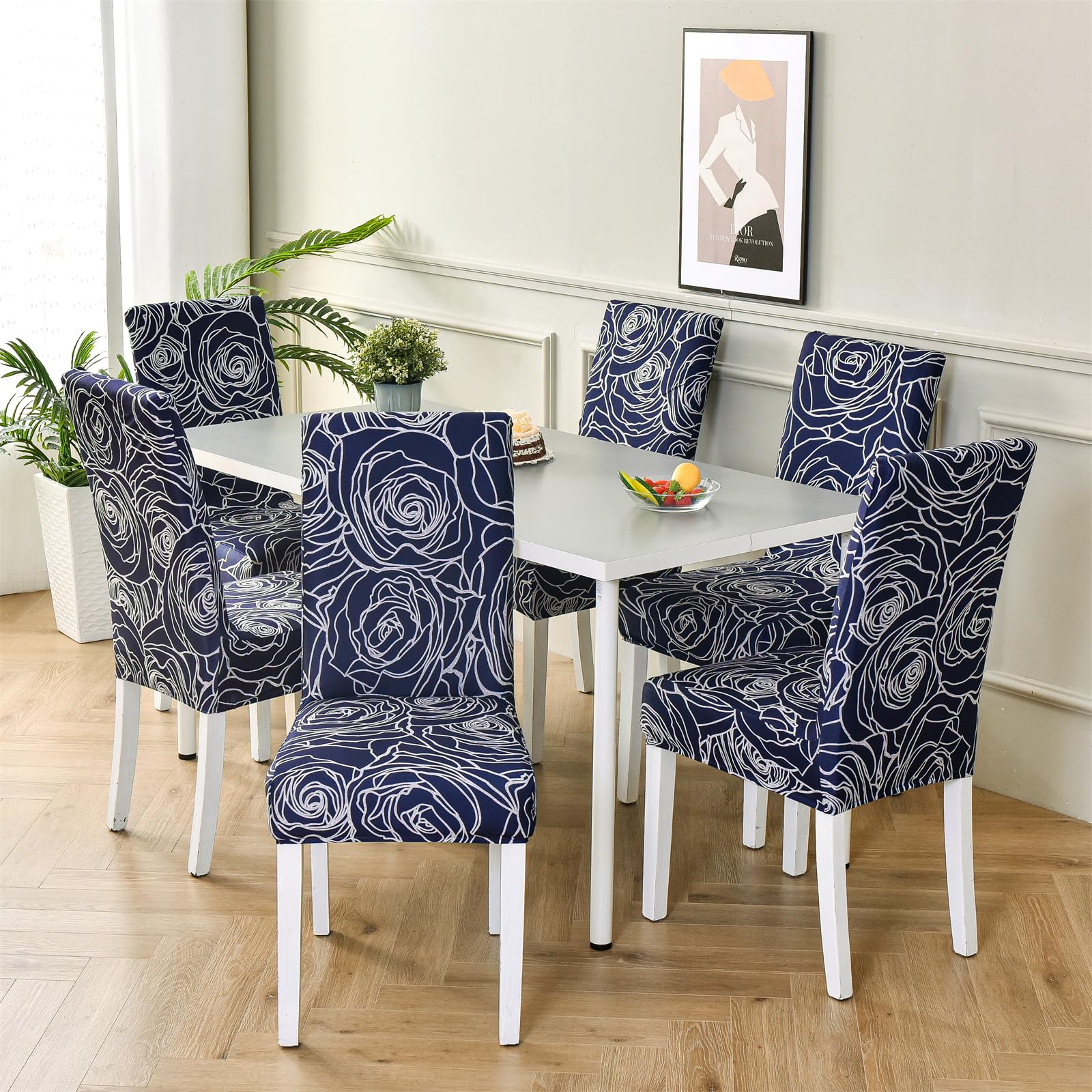 HZDHCLH Chair Covers Set of 4/6 Stretch Modern Chair Slipcovers for Dining Room Kitchen Wedding Party Washable Chair Protector(6pcs,Blue Rose) - Image 3