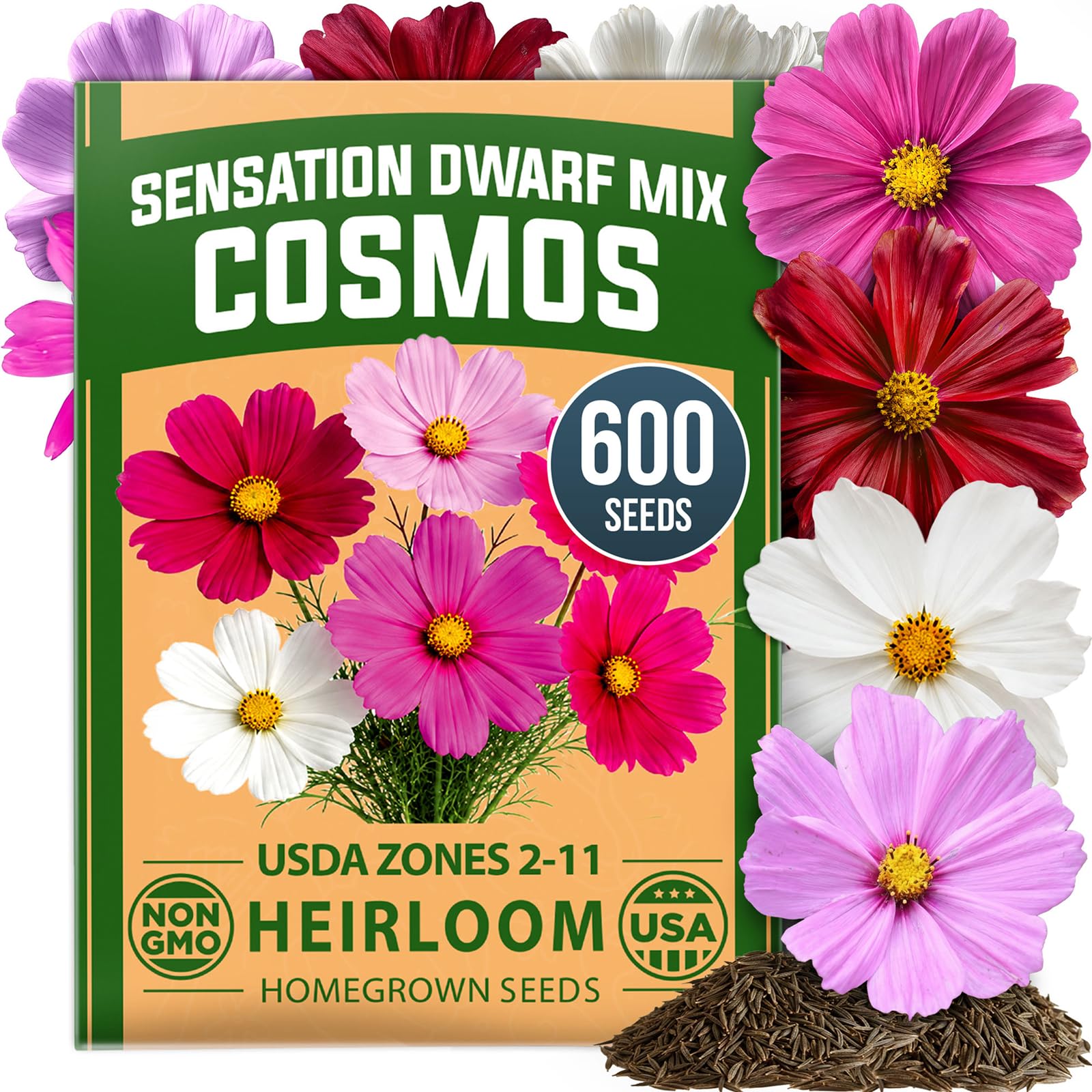 HOME GROWN Sensation Dwarf Mix 600 Cosmos Flower Seeds Cosmos bipinnatus