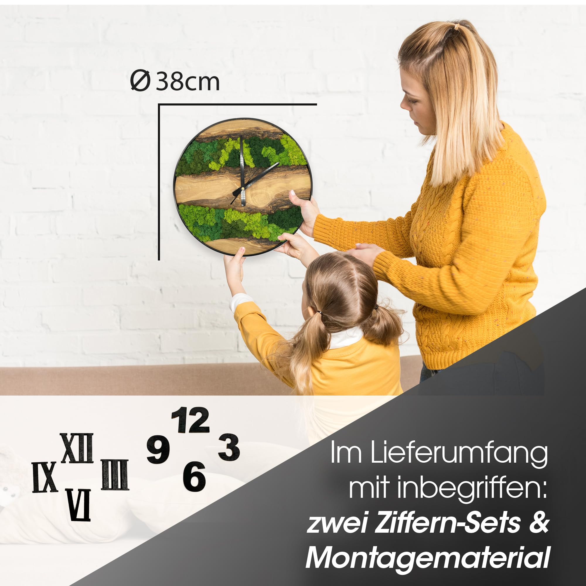 MODERNMOMENTS Wanduhr Holz 38 cm – Olivenholz Uhr ohne Ticken, Handgefertigte Massivholz Wand Uhr mit Moos, Lautlose Wohnzimmer Uhr mit schwarzem Metallrahmen
