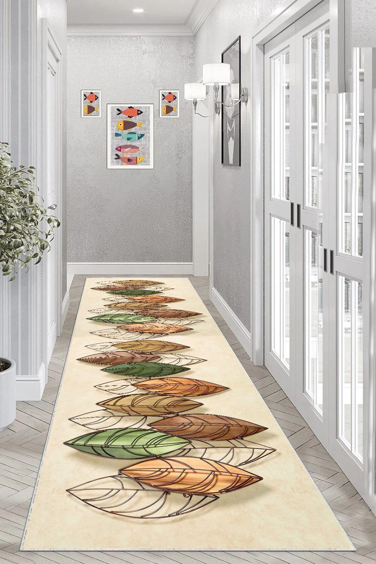 Pelangi Kuş Tüyü Desenli Dijital Baskılı Kaymaz Taban Yıkanabilir Modern Salon Halısı ve Yolluk, Bej-Yeşil 100 x 300, 95551121003007