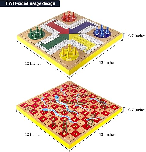 Miniatura 4 de AMEROUS Juego de mesa Ludo de madera de 12 pulgadas, serpientes y escaleras, 2 en 1 reversible, 1-4 jugadores, juego de dados familiares para niños,