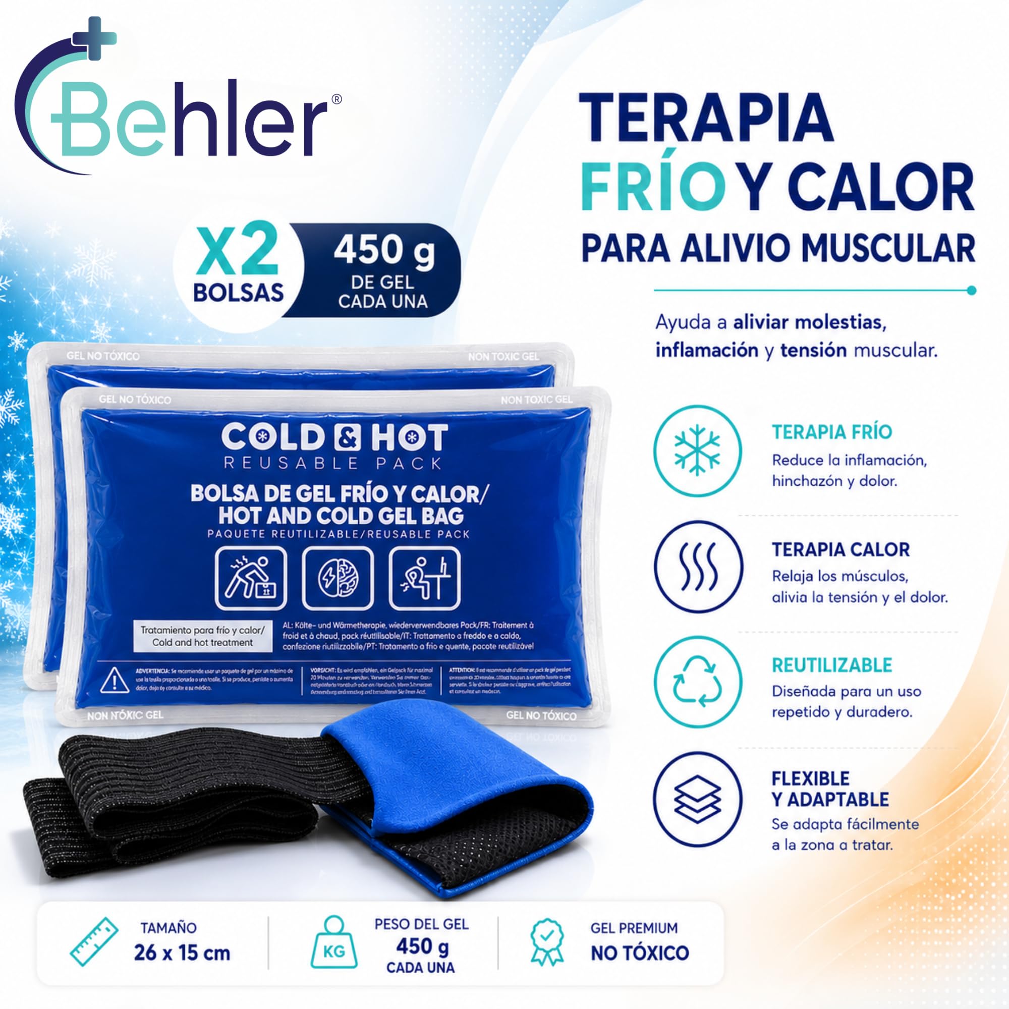 Pack de 2 Bolsas de Gel Frío o Calor Reutilizables (26 x 15 cm) - Incluye 1 Funda Multiposición de Tela con banda de compresión - Aptas para Nevera y Microondas - Ideales para Terapias