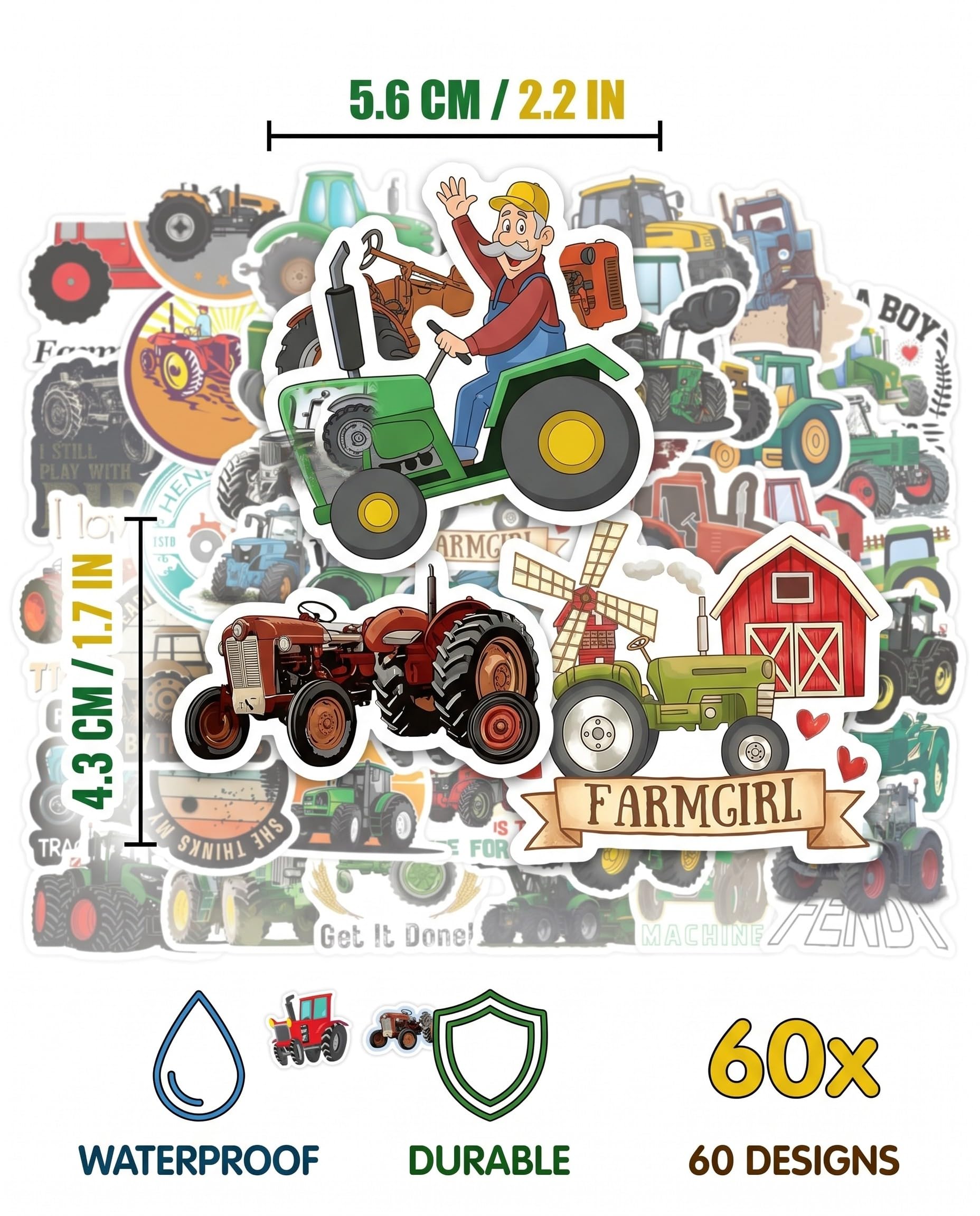 Pack De 60 Pegatinas De Tractores Agrícolas Para Niños - Impermeables Y Reutilizables, Ideales Para Decorar Mochilas, Portátiles Y Más