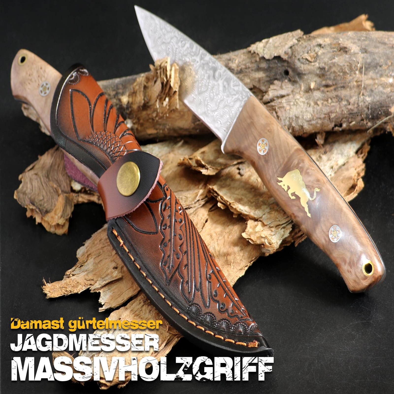 Feststehendes 67-lagiges VG10 Damast Jagdmesser mit Massivholzgriff & Lederscheide, Outdoor Überlebensmesser für Camping Wandern Angeln, Geschenk für Männer