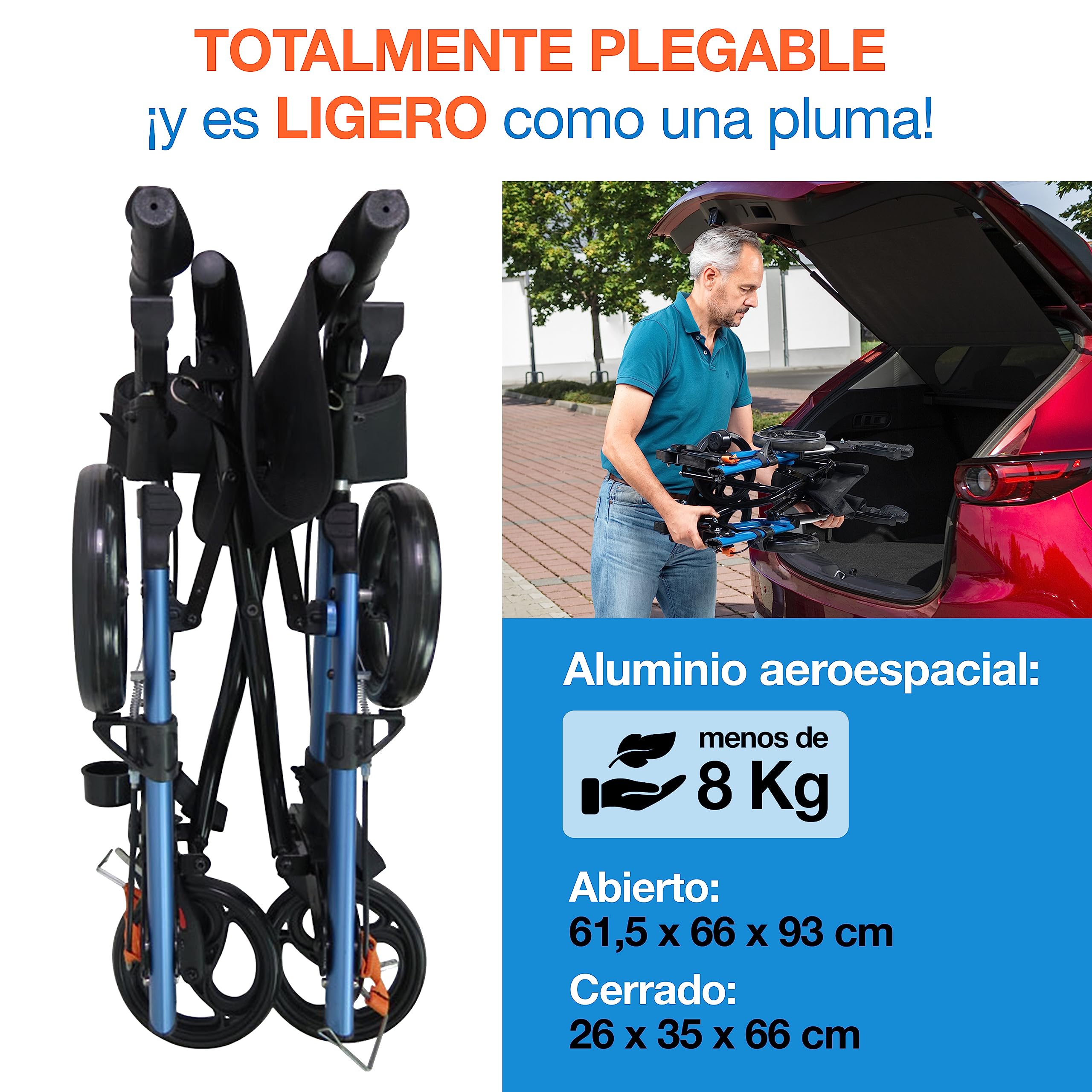 ANDADOR "4 EN 1" VIDA FÁCIL Galería del Coleccionista. Carrito Ortopédico para personas mayores, convalecientes… Aluminio superligero, Asiento, 4 Ruedas, Frenos, Bolsa. Totalmente Plegable. 011700126