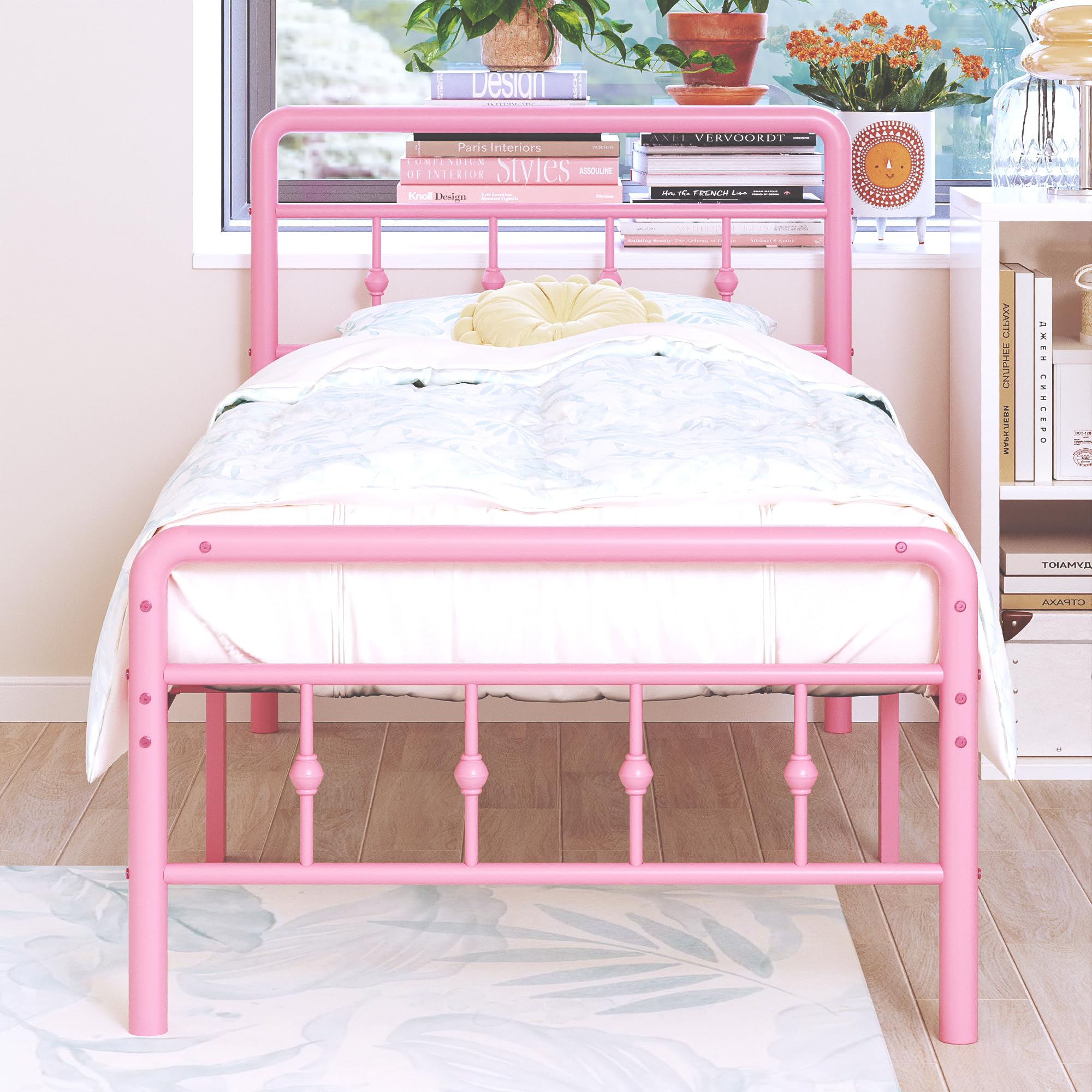DiaOutro Classic Metal Platform Pink Twin Bed Frames with Headboard and Footboard, 16 Inch No Box Spring Needed Heavy Duty Victorian Style Iron-Art
