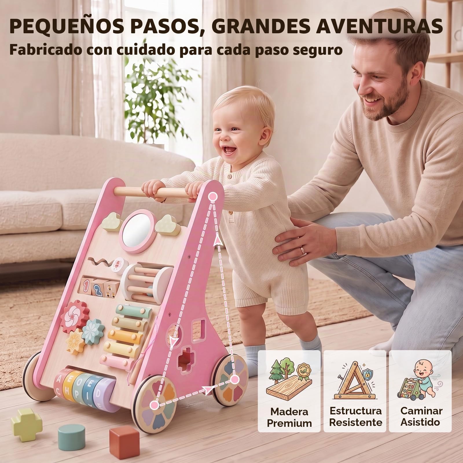 Andador Bebes Montessori,Caminador Bebe de Madera,Juguetes Bebe 1 Año,Rosa
