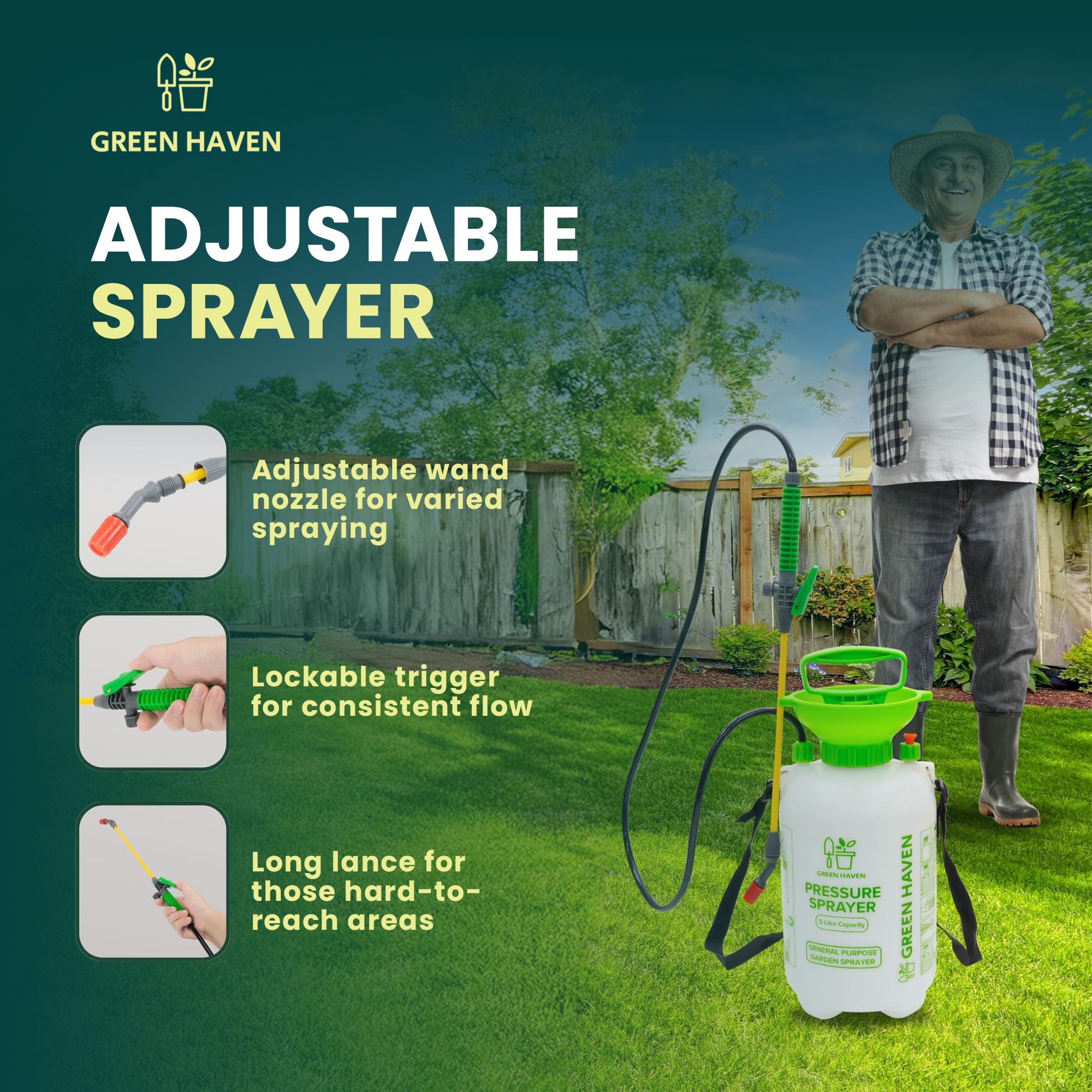 Green Haven 5 Litre Garden Pressure Sprayer – Pump Action Sprayer with Adjustable Nozzle & Carry Strap – Weed Killer, Pesticide & Fertiliser Sprayer — view 4
