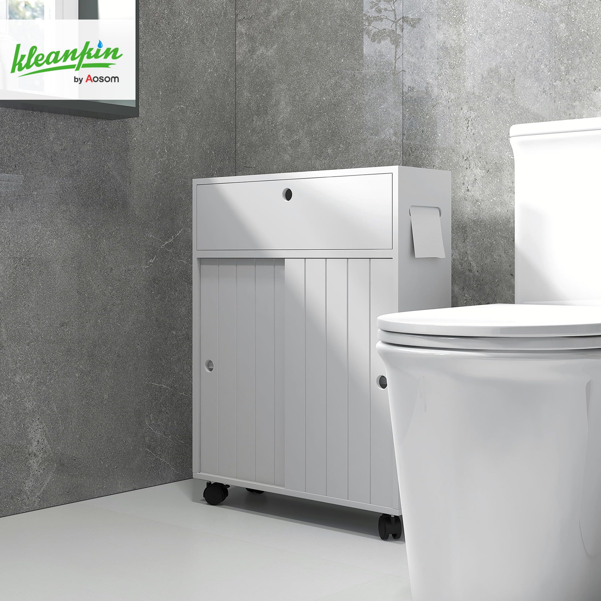 kleankin Mobile Bagno Stretto con Ruote e Ante Scorrevoli, Mobiletto Bagno Salvaspazio con Ripiani Regolabili e 2 Aperture per Carta Igienica, Ideale per Spazi Ridotti, 52x17x67 cm, Bianco