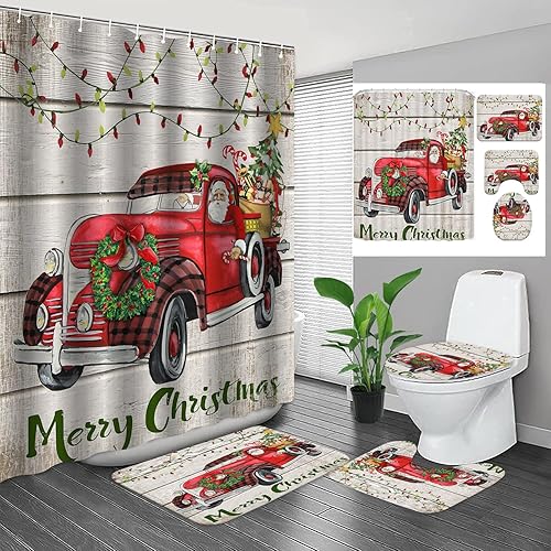 Miniatura 1 de XVWJ Juego de cortina de ducha de camión de Navidad con alfombras, cubierta de tapa de inodoro y tapete de baño, juegos de baño rústicos de Navidad