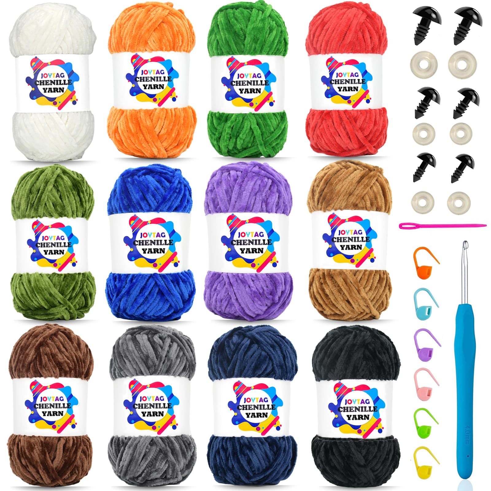 JOYTAG12 Pack Velvet Chenille Yarn for Crocheting Rainbow Velvet Yarn Fluffy Yarn Plush Yarn Thick Bulky Chunky Chenille Velvet Yarn Soft Baby Blanket Yarn for Crocheting Hand Knitting-Multicolor C