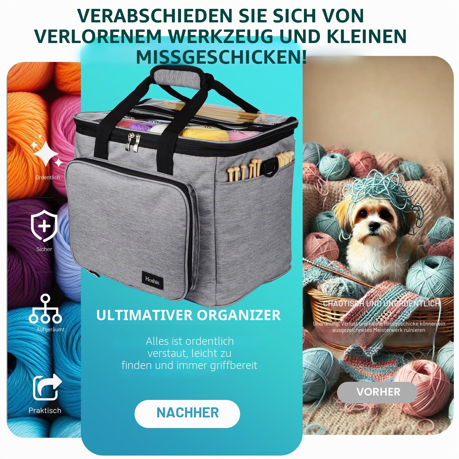 Aufbewahrungstasche für Wolle, Stricktasche Zur Garn aufbewahrung für Stricken, Häkeln, Stränge des Garns, Stricknadeln (bis zu 14 ”)