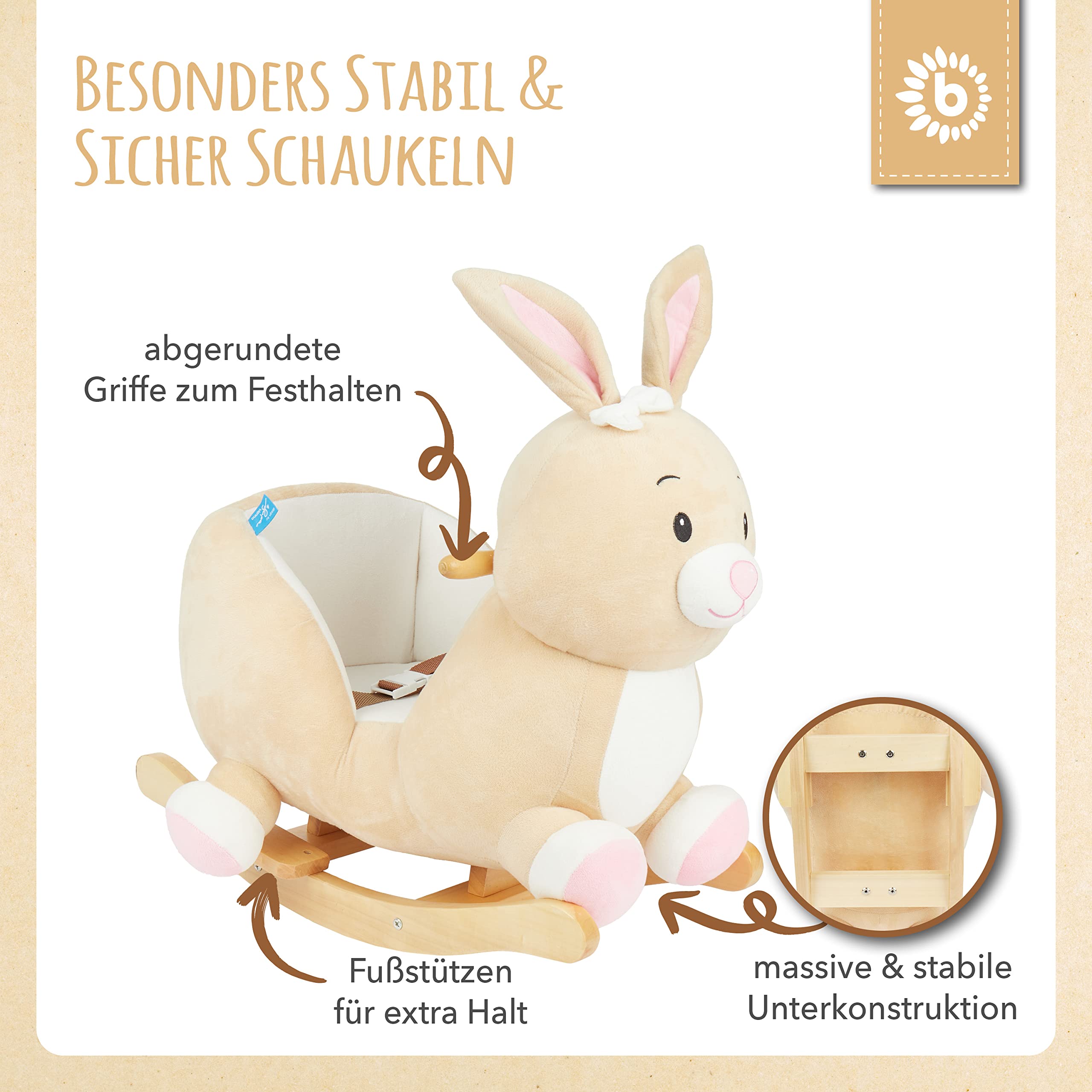 Bieco Plüsch Schaukeltier Hase Hopsi, 60 cm | Kinder Schaukelstuhl mit Sicherheitsgurt | Baby Schaukel | Schaukel Kleinkind | Schaukeltier Baby Schaukelwippe ab 9 Monate | Schaukelpferd Holz