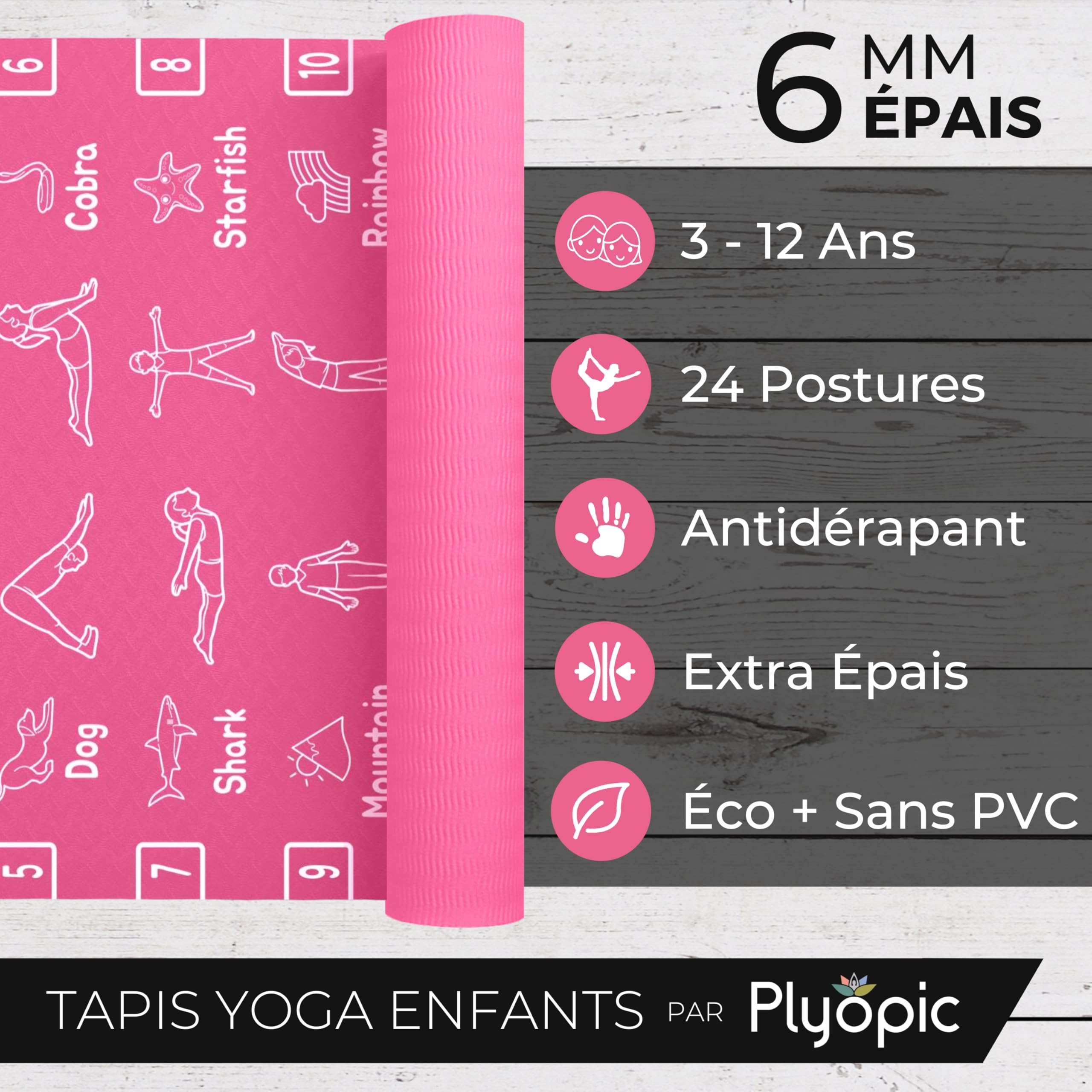 Plyopic Tapis de Yoga pour Enfants – Tapis d'Exercice TPE Leger et Antiderapant - 6mm. Ideal pour les Tout-Petits, les Enfants, Garcons et Filles (3-12 Ans)