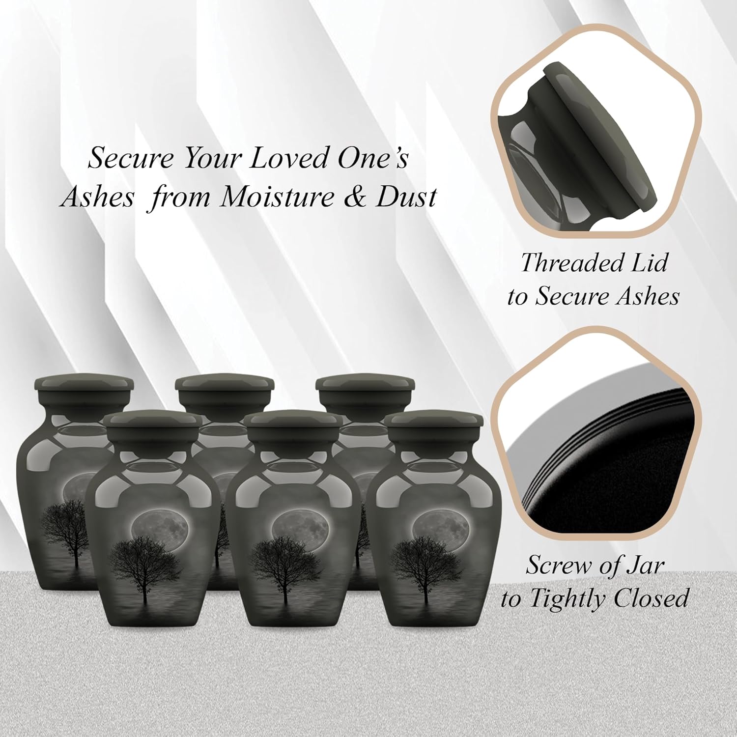 Forever URNS Adult Cremation Funeral Customized Urn with Printed Moon Night Tree Theme for Human Ashes of Female & Male | Black | Handcrafted with Velvet Protection Bag (Keepsake Set of 6)