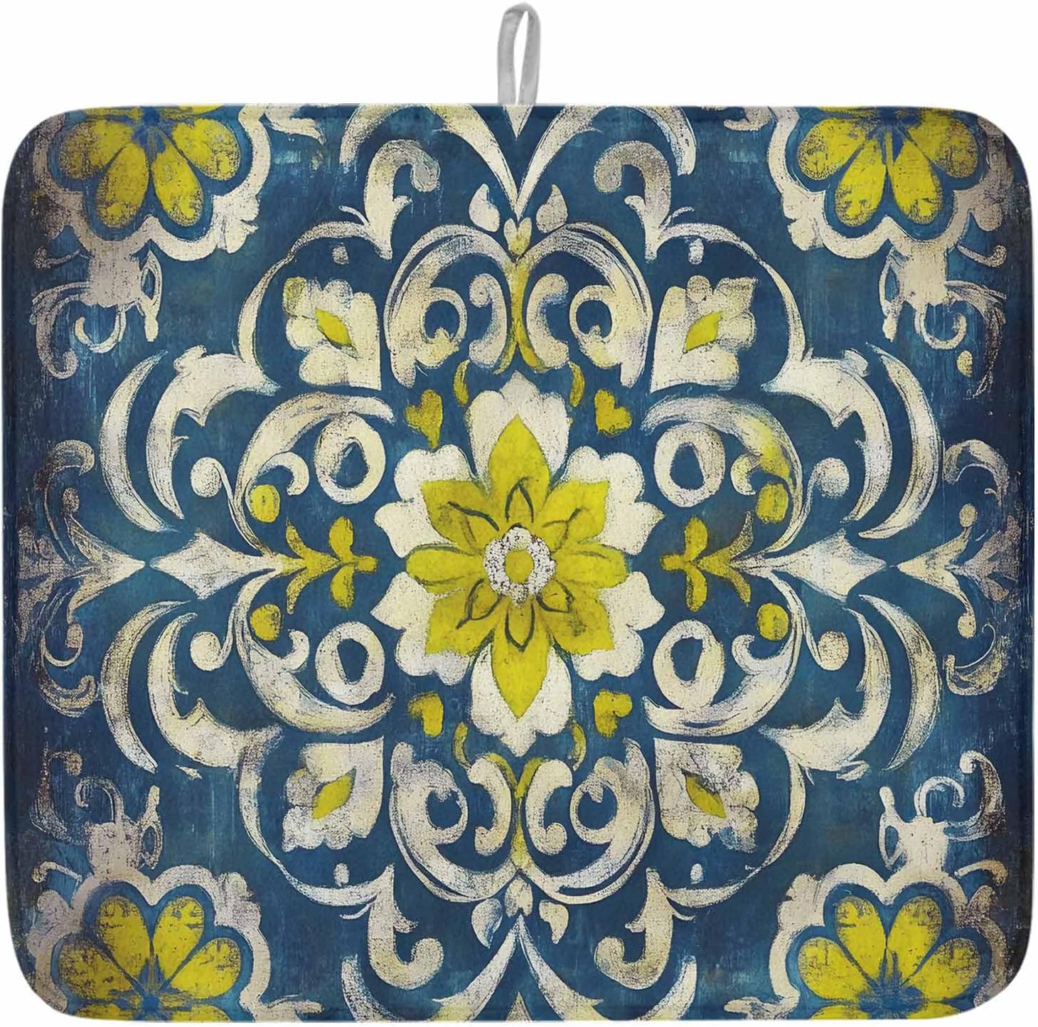 Dish Drying Mat Set of 2 Yellow Flower Pattern Microfiber Absorbent Reusable Washable Dish Drying Rack Mat Retro Blue White Coffee Mat for Coffee Maker Bar Kitchen Countertops 18x24inch