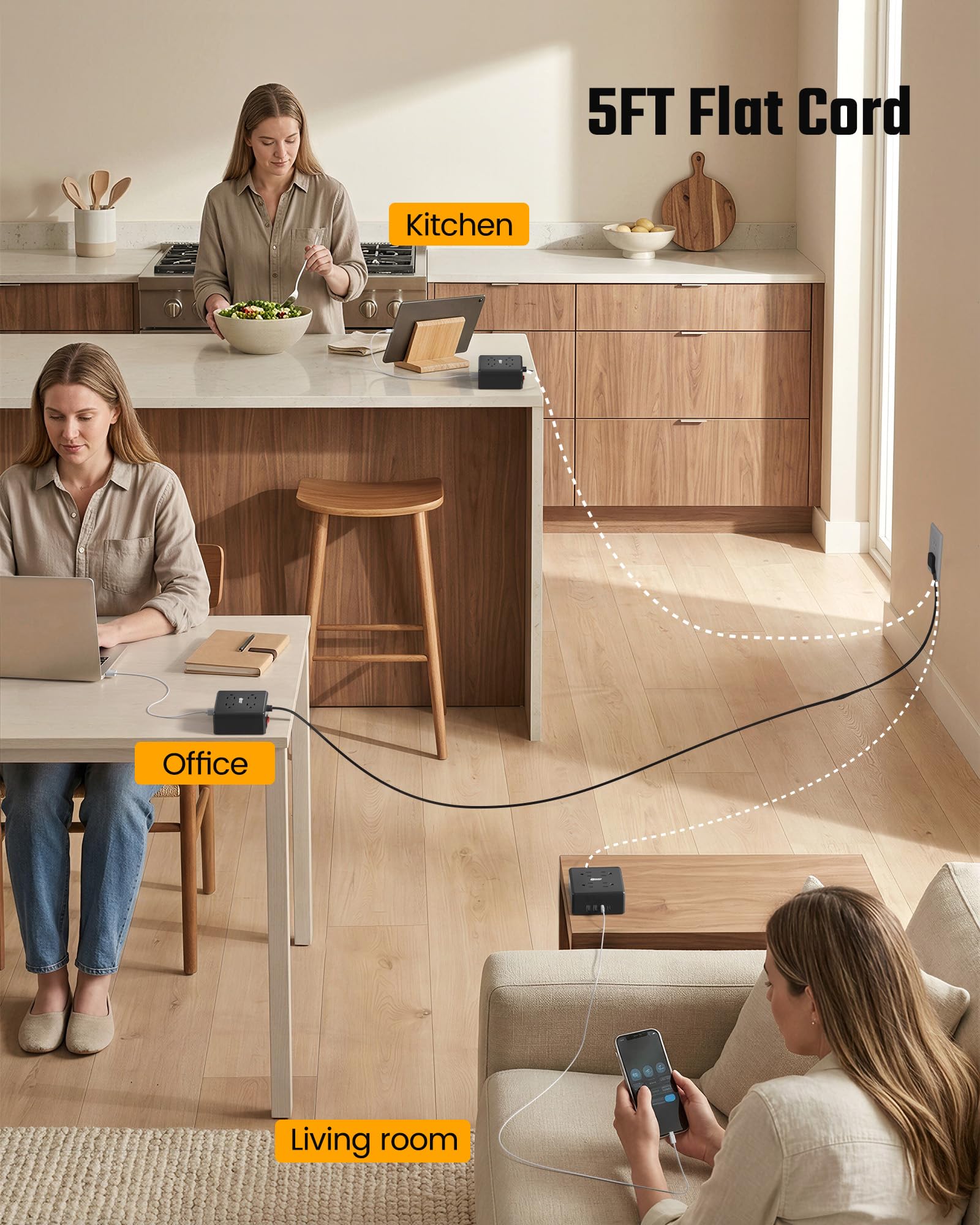 SUPERDANNY 5Ft Extension Cord, Flat Plug Power Strip Surge Protector — Amazon image 6