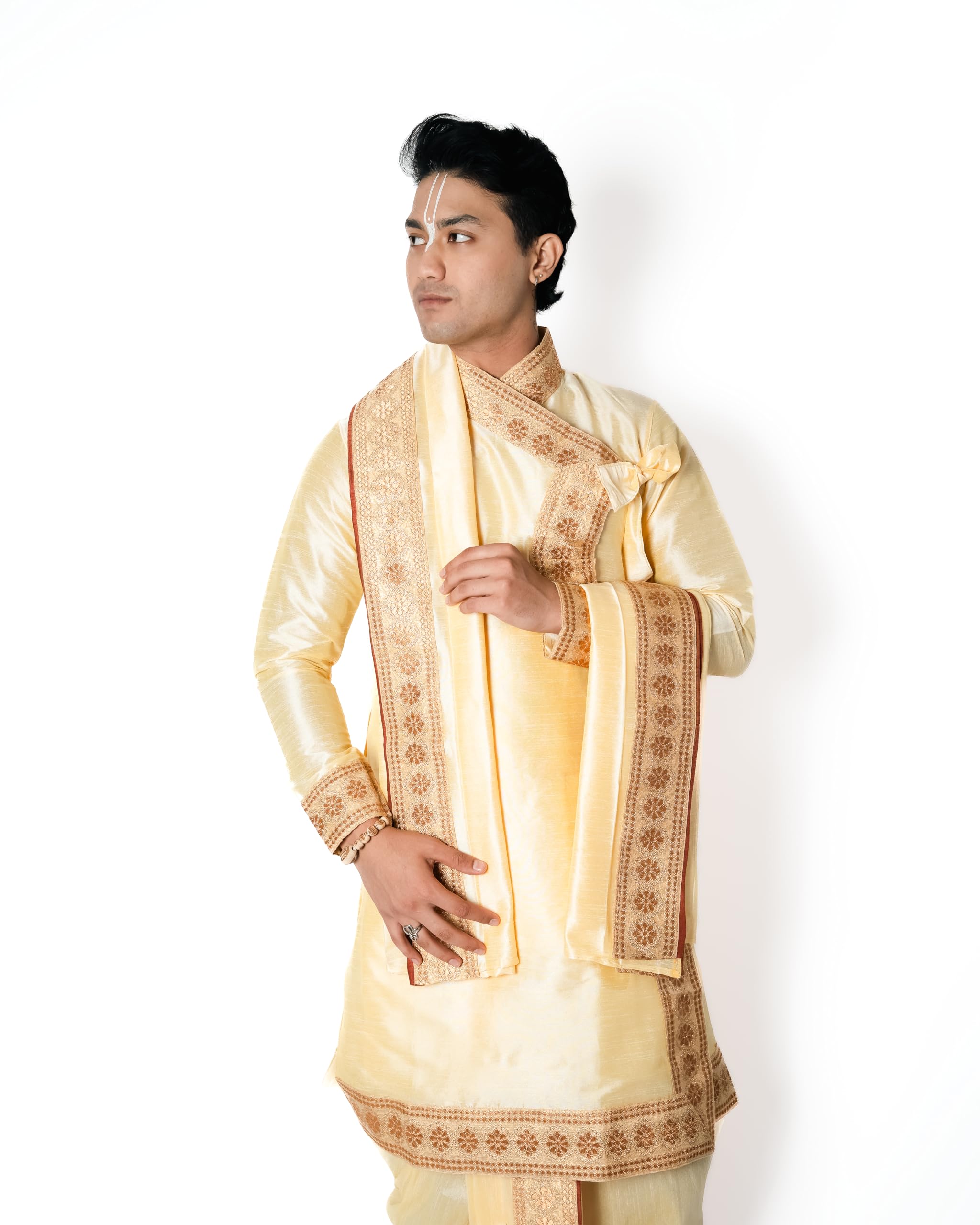 dharniya Hiranya Set Golden Glow Dupion Silk Dhoti Dupatta and bagalbandhi Set is a Beautiful Amalgamation Beauty and Modern Elegance-picture-29