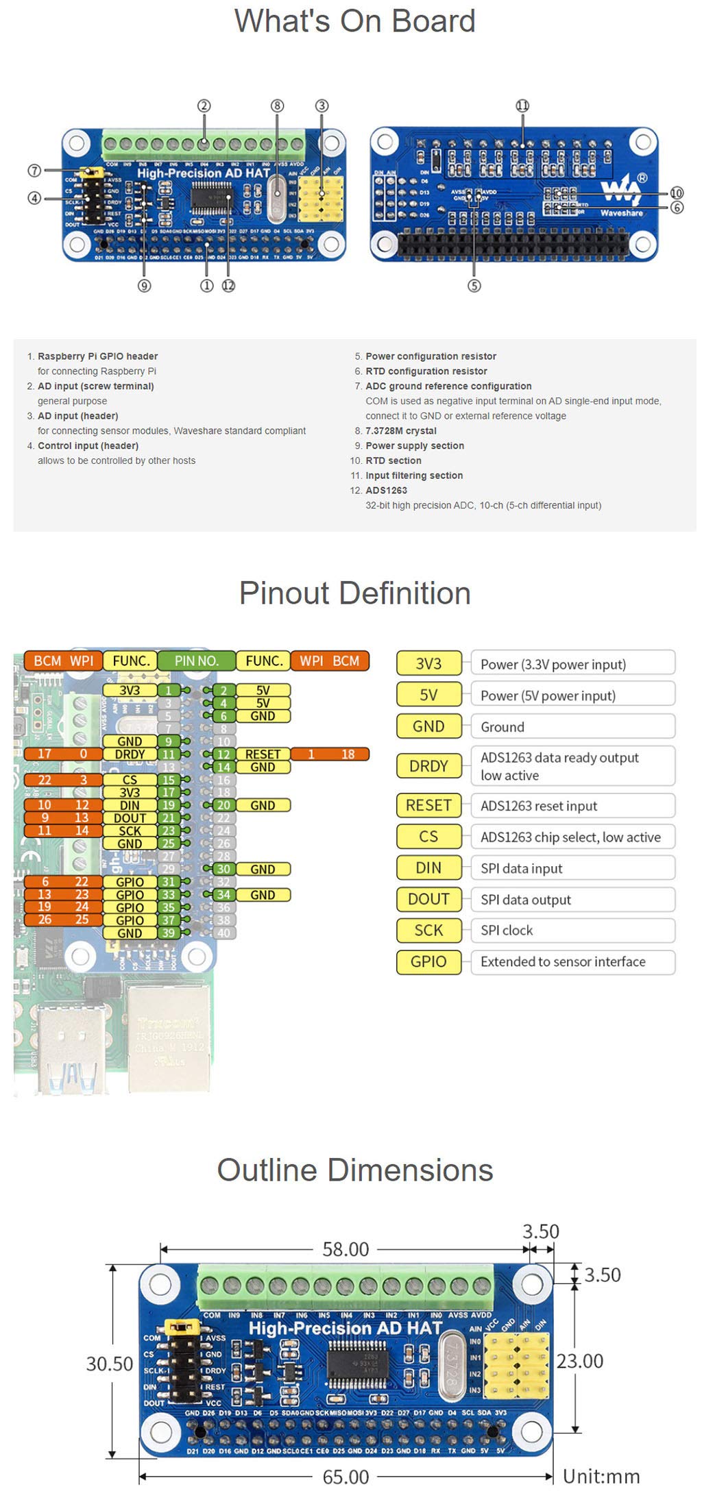 High-Precision AD HAT Compatible with Raspberry Pi Series & Jetson Nano, ADS1263 10-Ch 32-Bit ADC