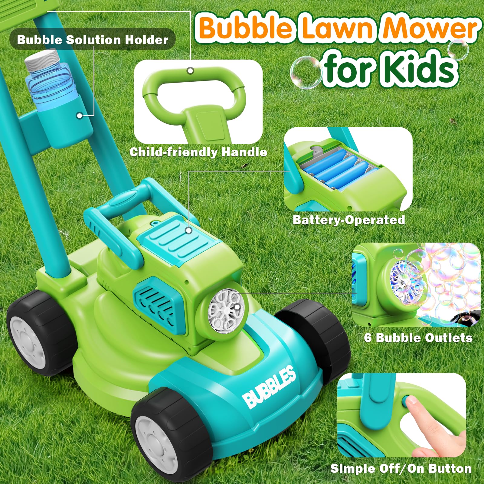 Tosaerba Spara Bolle per Bambini, Macchina per Bolle 3-in-1 con 10 Soluzioni, Giochi all'Aperto per Bambini 3-8 Anni, Regalo di Compleanno Pasqua Estate per Ragazzi e Ragazze 3 4 5 6 7 8 Anni