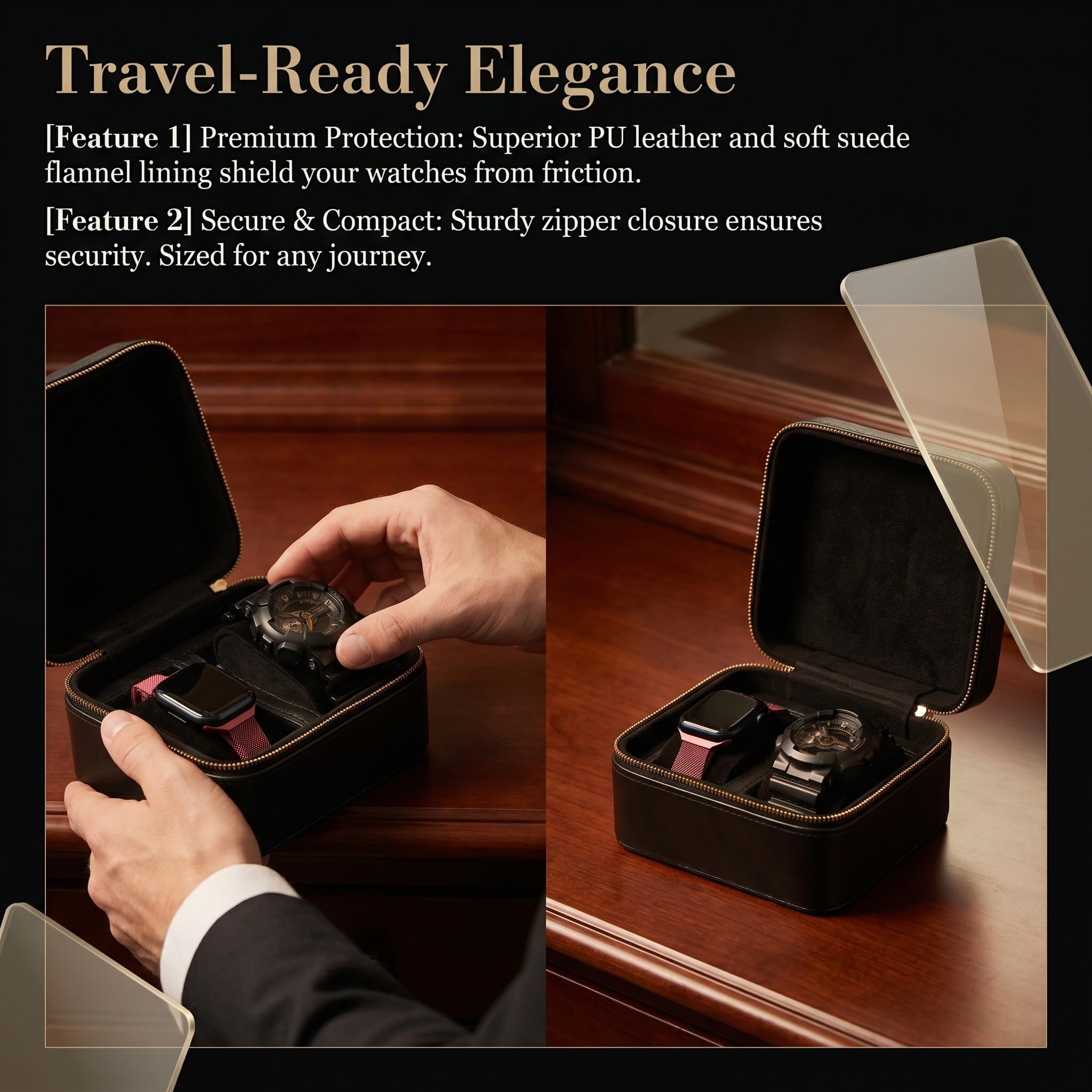 Fundas organizadoras de relojes de viaje, piel sintética compacta con cremallera, interior de microgamuza suave, paquete de 2 para hombres y mujeres, ideal para guardar relojes de pulsera en viajes