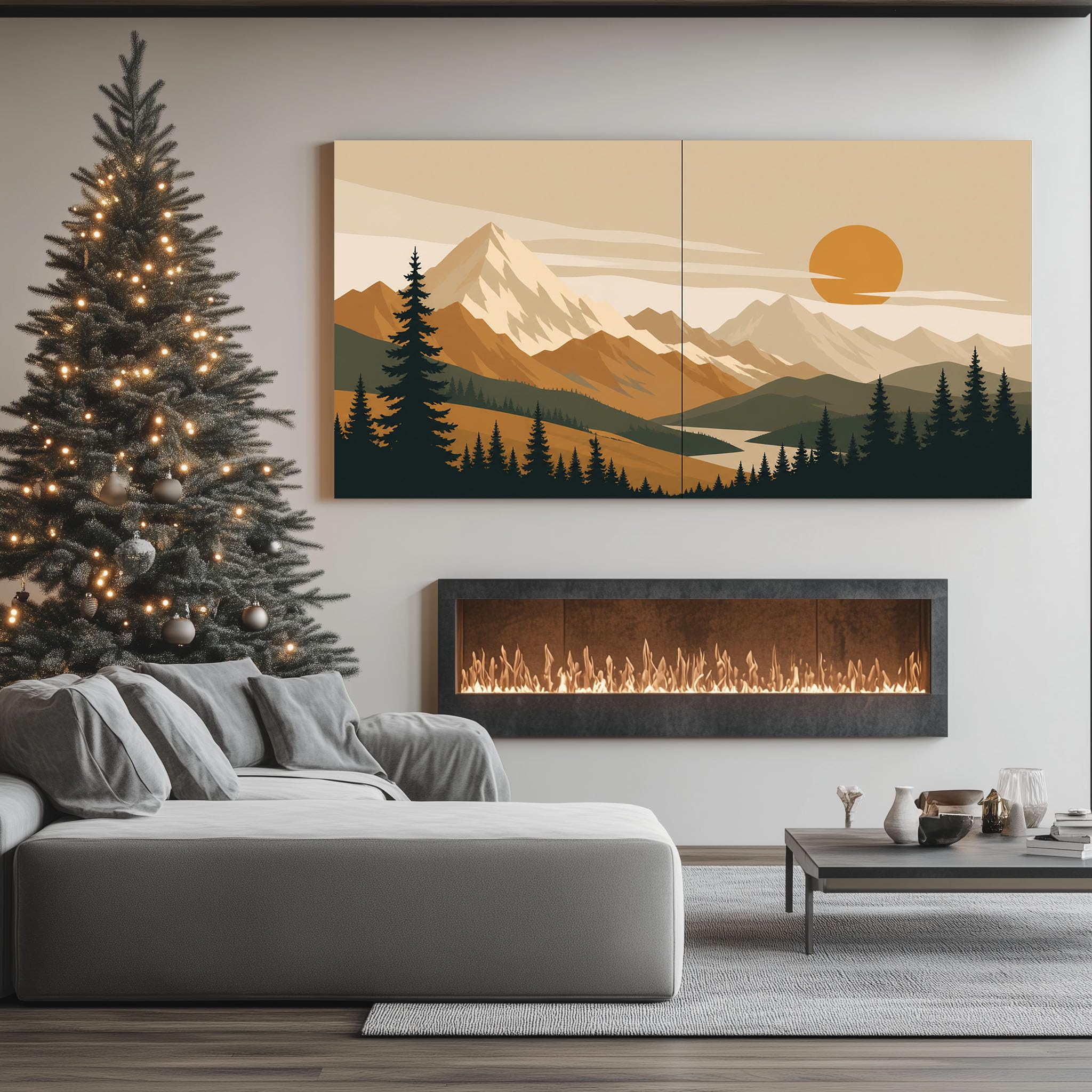 quadro grande soggiorno Tramonto Montano Retrò su tela 80x160cm con cornice