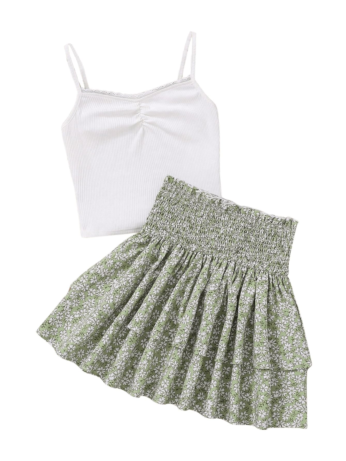 RoseSeek Girl's 2 Piece Outfits Lace Ruched Camisole Tops and Shirred High Waisted Layered Floral Skirts Set