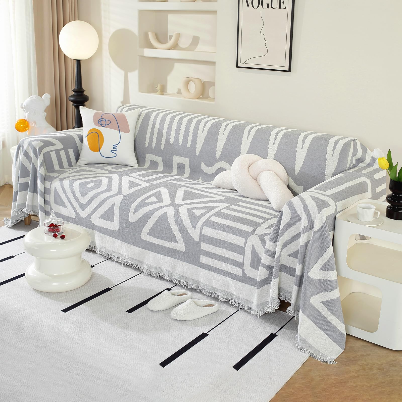 Royhom Boho Sofa Cover 3 Seater, Corner Sofa Covers L Shape, Washable Couch Cover with Tassel