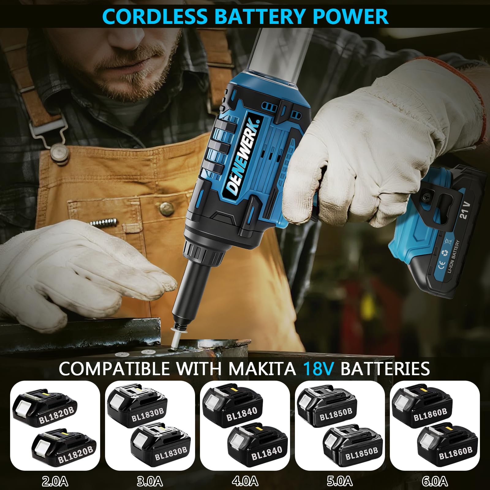 Pistola Remachadora Inalámbrica Compatible con Makita 18V, Pistola de Remache eléctrica automática para remaches ciegos de acero de 2,4-4,8 mm y remaches ciegos de aluminio de 2,4-6 mm, 25 mm carrera