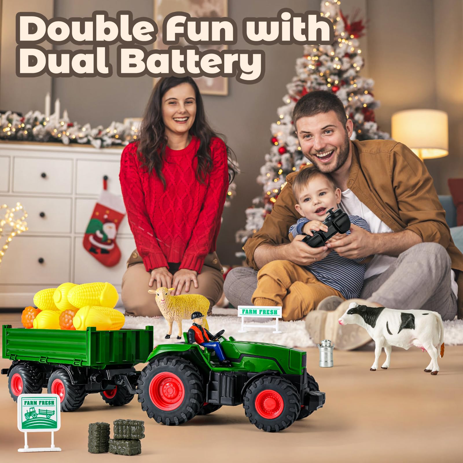 FRUSE Tractor Juguete, Tractor Teledirigido para Niños de 2,4 GHz con Remolque, 2 Baterías Recargables y Luz, Granja Juguete con Vacas, Ovejas y Fardos de Heno, Juguetes para Niños de 3 4 5 6 7 Años