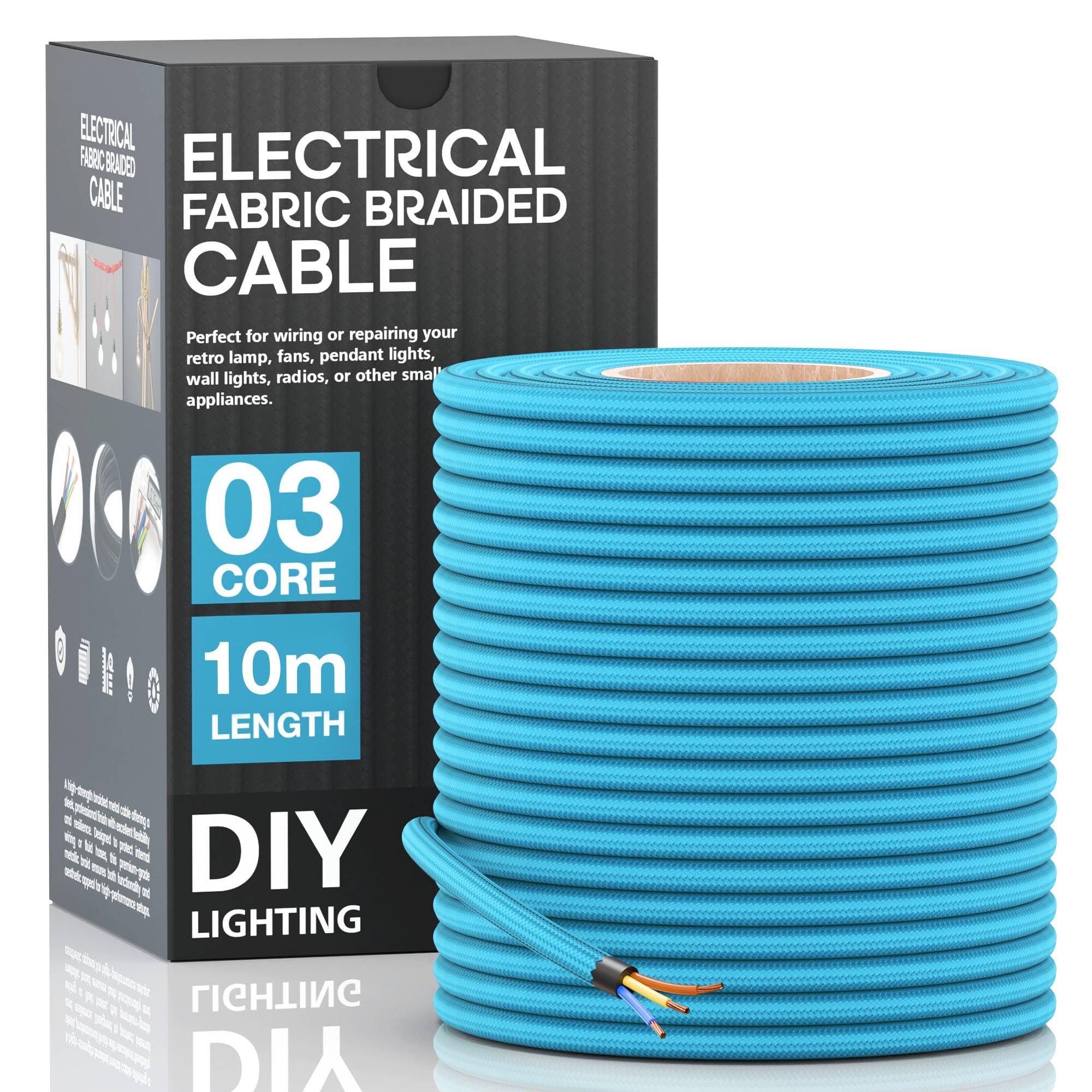 LEDSone 10 Meter 3 Core Electrical Round Wire Industrial Pendant Light Wires Flexible Round Electrical Cord Fabric Covered Lamp Wire for Earthed Pendant Lights with Durable & Stylish (Light Blue)