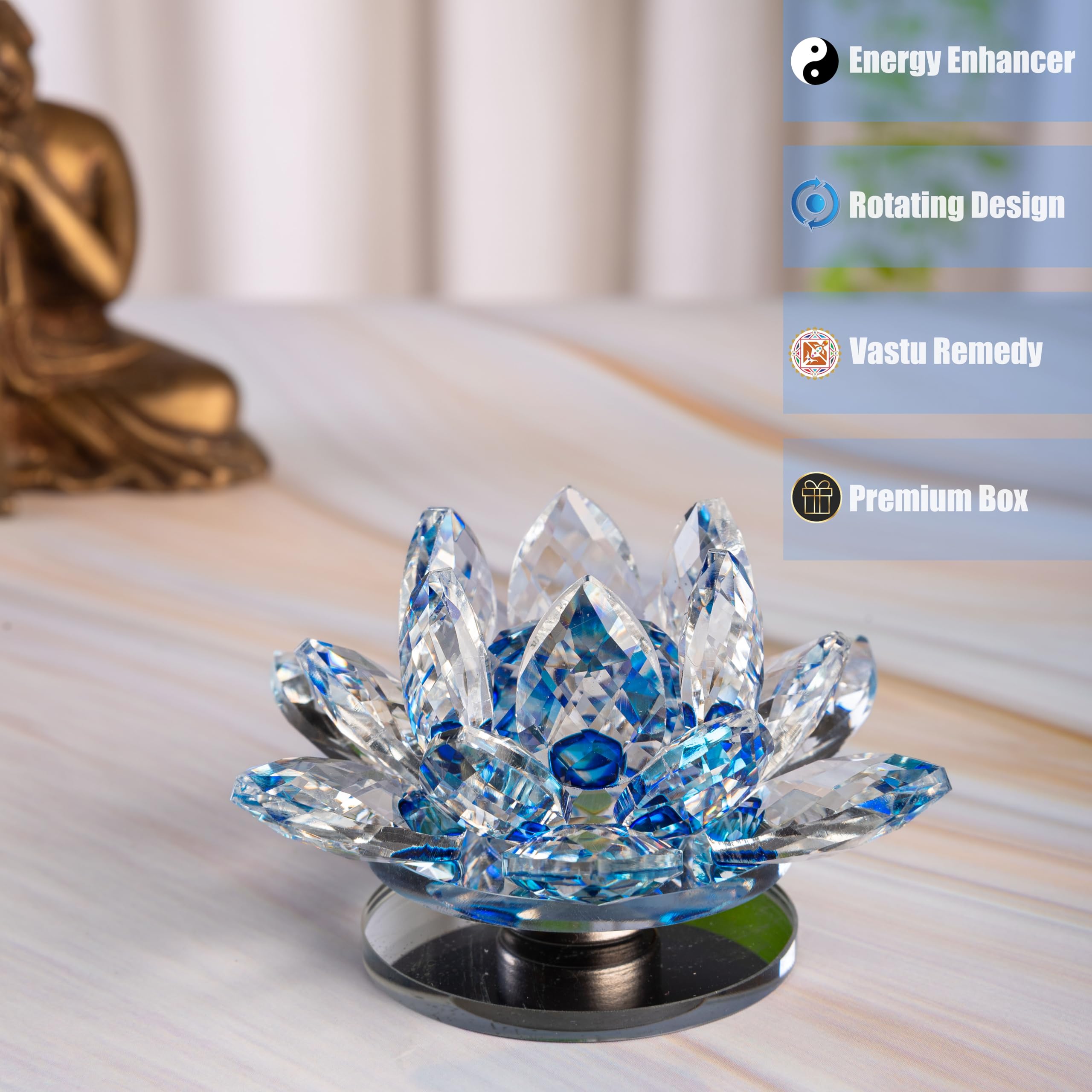 Sajawa FengShui Crystal Lotus Flower Showpiece & Paper Weight | Vastu Decor for Home & Office | Desk Decoration | Feng Shui Items for Good Luck, Home Decor & Gifting | Blue (Small-8.5 x 5.5 CM) 1