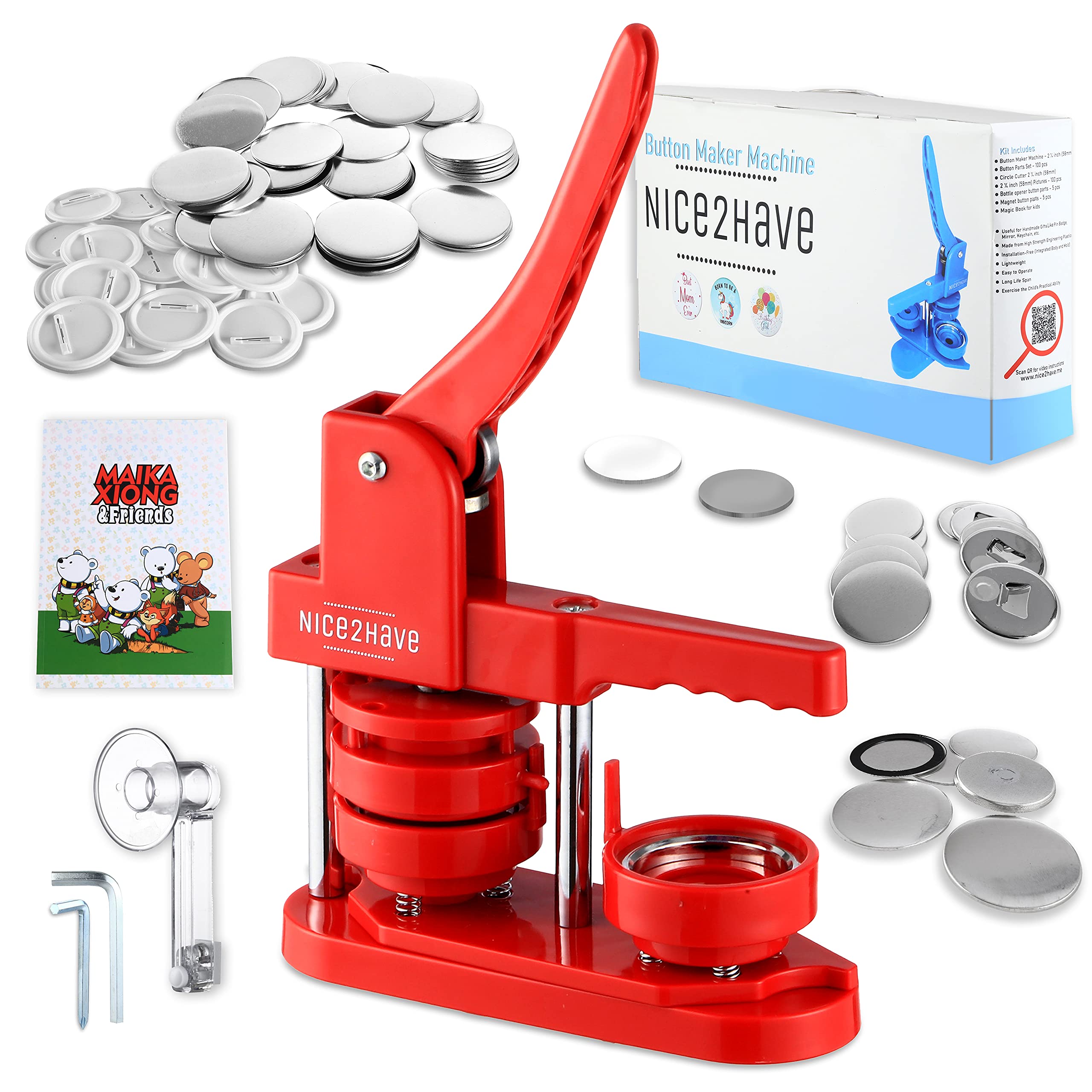 Button Maker Machine 2.25 inch (58mm) - (100pcs Buttons,5pcs Bottle Openers,5pcs Fridge Magnets, 500+ Free Designs,Circle Cutter&Magic Book&Paper) - Installation-Free Pin Maker Machine