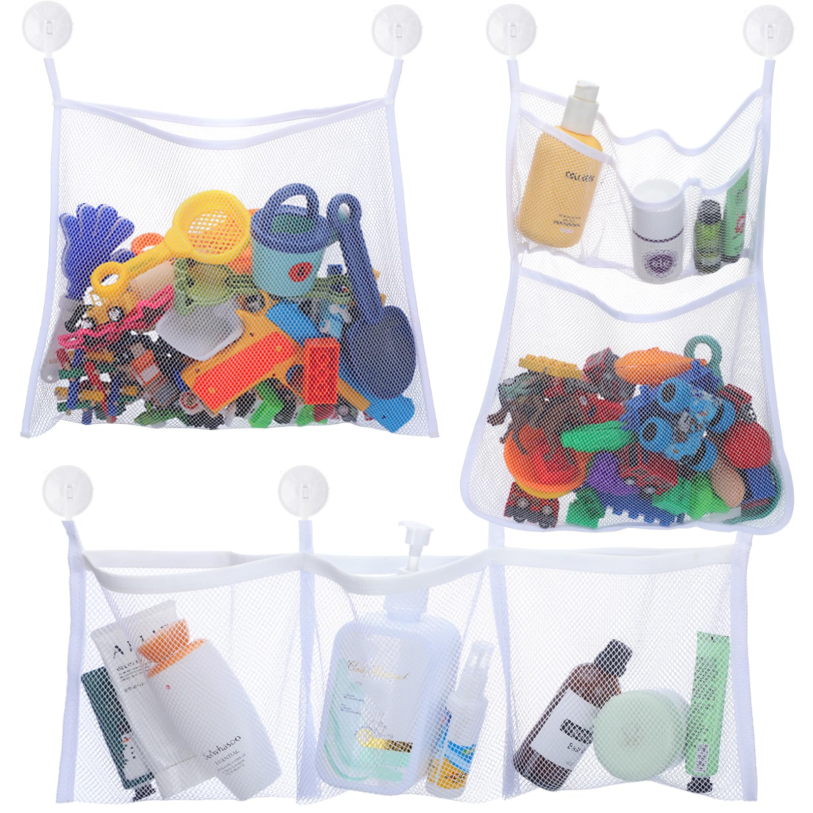 3 Pcs Mesh Bath Toy Storage Bath Toy Organizer with 8 Ultra Strong Hooks Bathtub Toy Holder Car Toy Net Organizer Hanging Multi Use Net Bags for Cruise Bathroom Tub Accessory