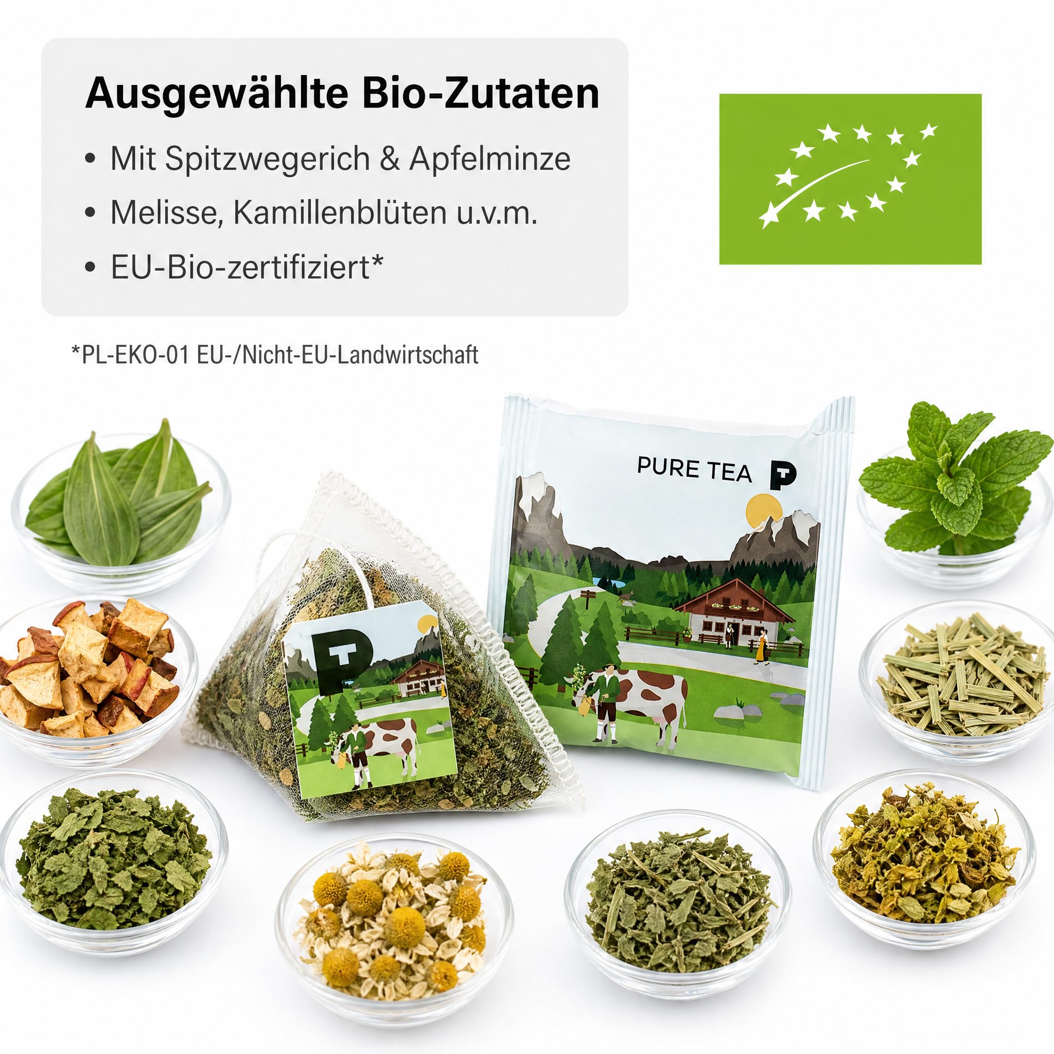 6 x PURE TEA Traudl Premium Kräutertee Almkräuter, koffeinfreier Alpenkräuter Tee als Kräutermischung mit Spitzwegerich, Apfelminze & Melisse, einzeln verpackte Kissenbeutel in Dispenserbox