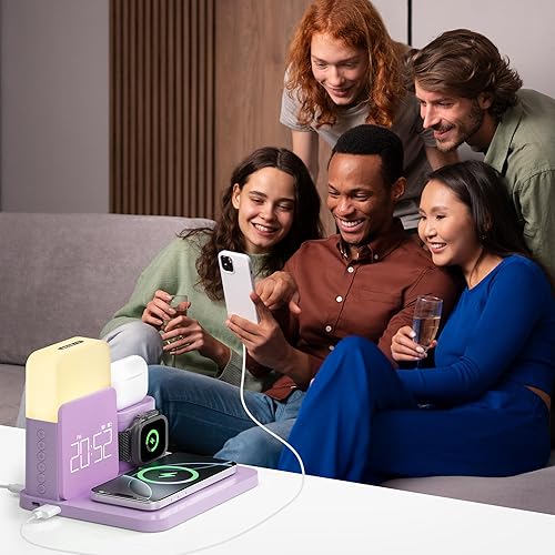 Miniatura 7 de Estación de carga inalámbrica, soporte de cargador inalámbrico 7 en 1 con reloj despertador doble, base de carga para iPhone