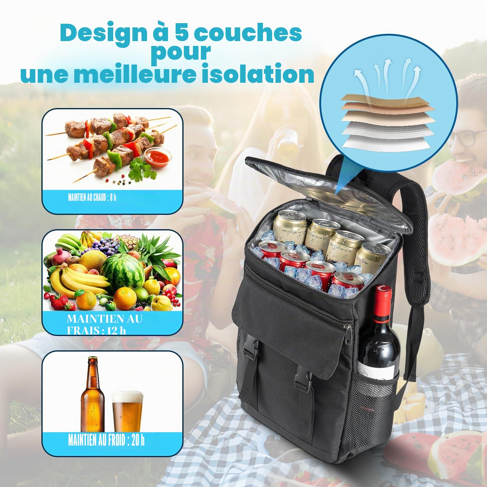 Cretosou Sac à Dos Isotherme 30 L pour Pique-Nique, Sac à déjeuner isolé, boîtes isothermes à vin à parois Souples, pour Pique-Nique/Barbecue/Plage