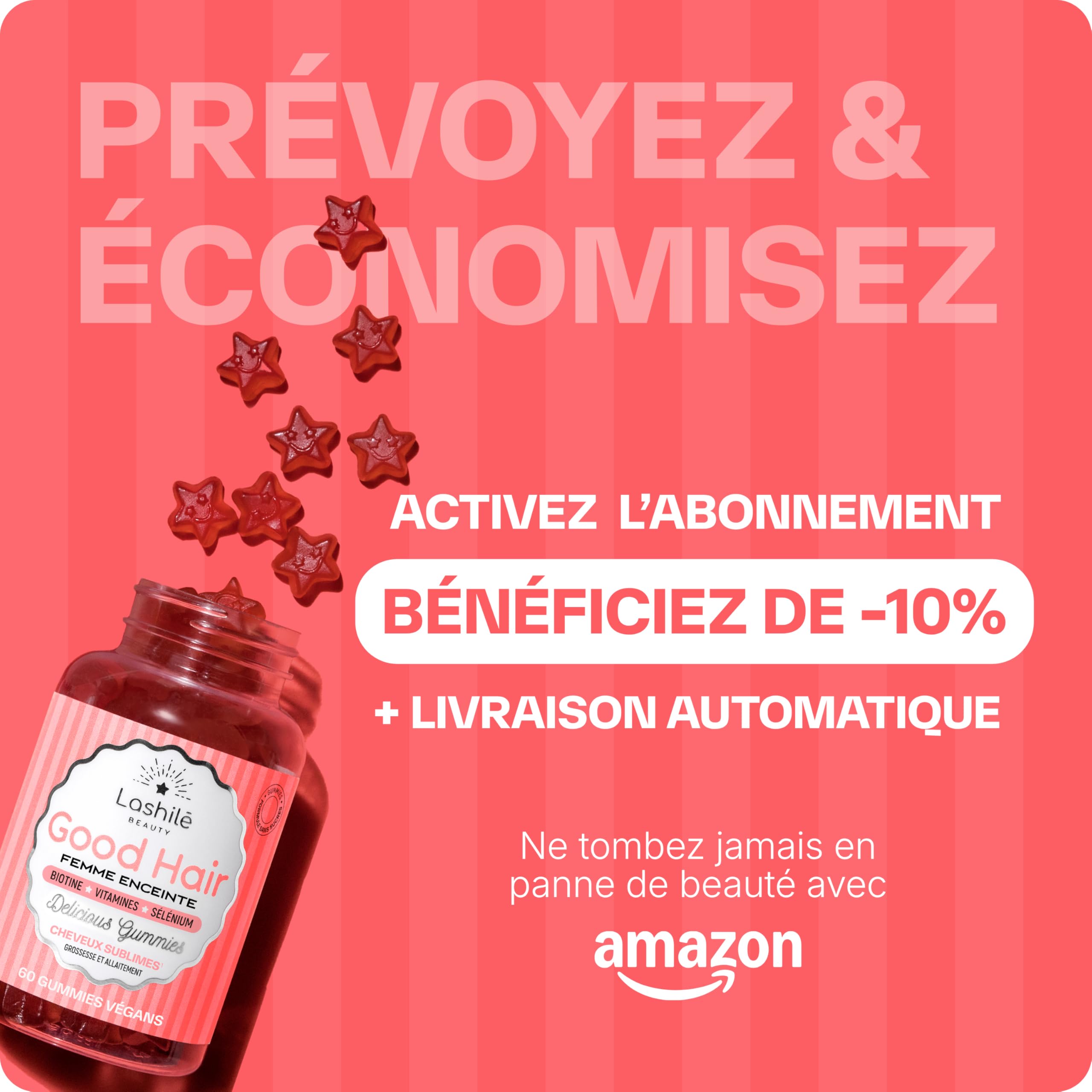Lashilé Beauty - Gummies Cheveux Femme Enceinte - Pousse Croissance & Fortification capillaire - Complément Alimentaire Cheveux - Good Hair Femme Enceinte - Biotine Zinc B6 - Cure 3 Mois 180 Gummies