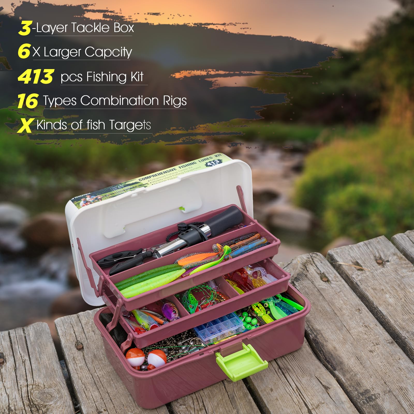 THKFISH Scatola per attrezzatura a 3 strati con attrezzatura inclusa, 413 pezzi per esche da pesca, accessori e strumenti. Il kit contiene crankbait, ami, piombini pesi, pinze da pesca per basso