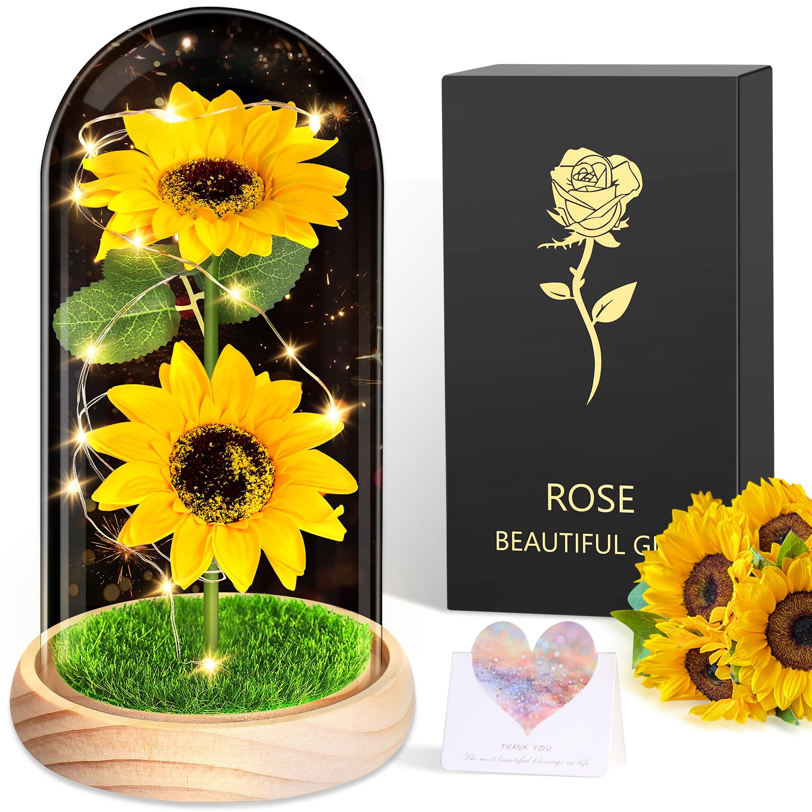 BOLEi Gifts for Women, Eternal Sunflower Gifts for Women, Sunflower Wedding Anniversary Surprise for Women, Eternal Flower in a Surprise Glass for Mom
